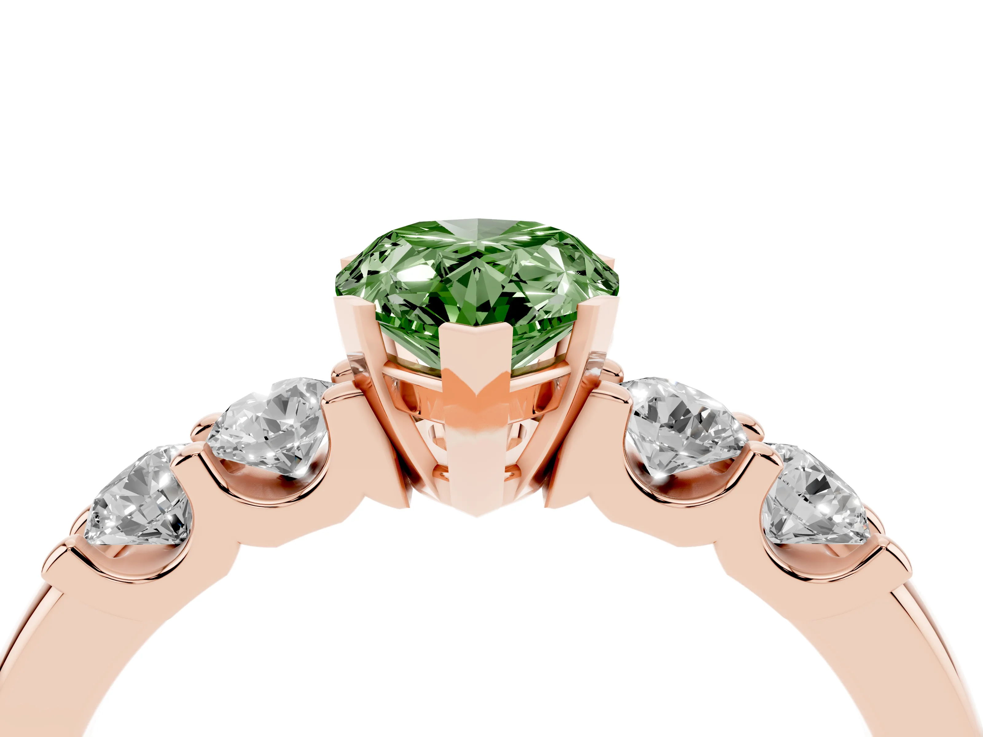 Fancy Green Pear Cut Diamond Five-Stone Prong Set Engagement Ring Set in Rose gold with Channel Band