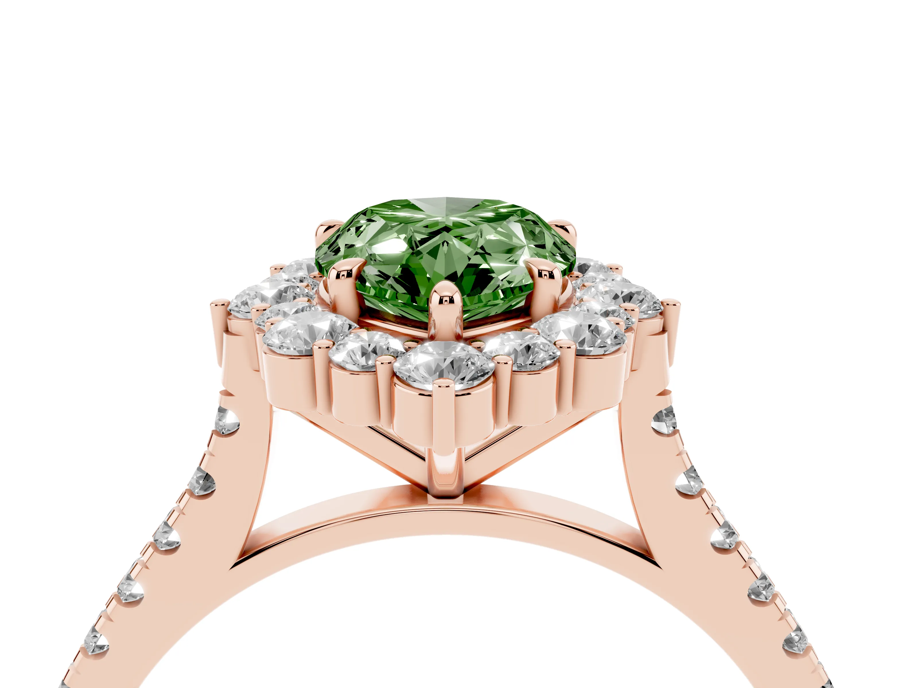 Fancy Green Pear Cut Diamond Halo Ring Set in Rose gold with Pavé Band and Prong Setting