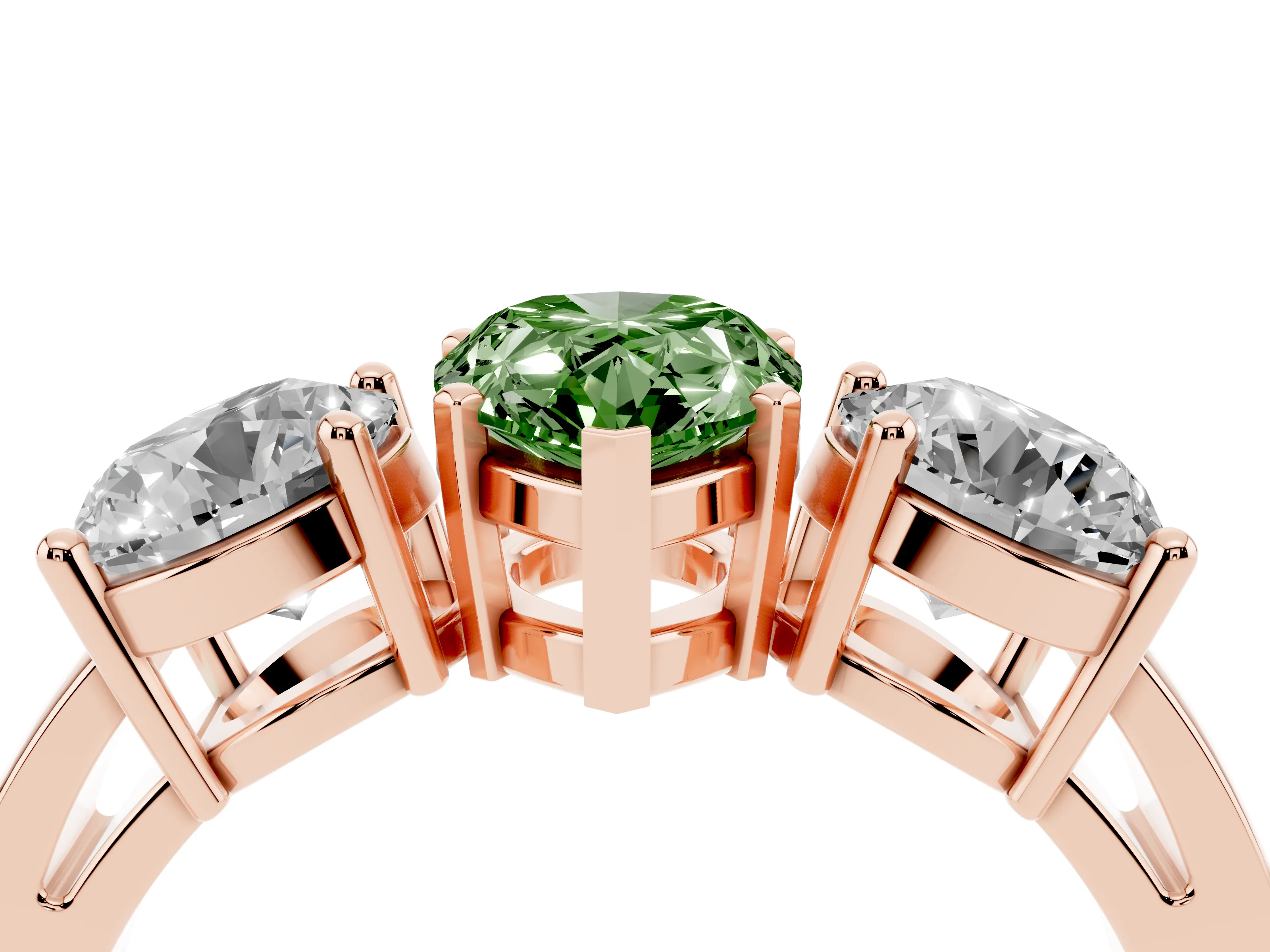 Fancy Green Pear Cut Diamond Three-Stone Ring Set in Rose gold with Round Side Stones and Classic Band