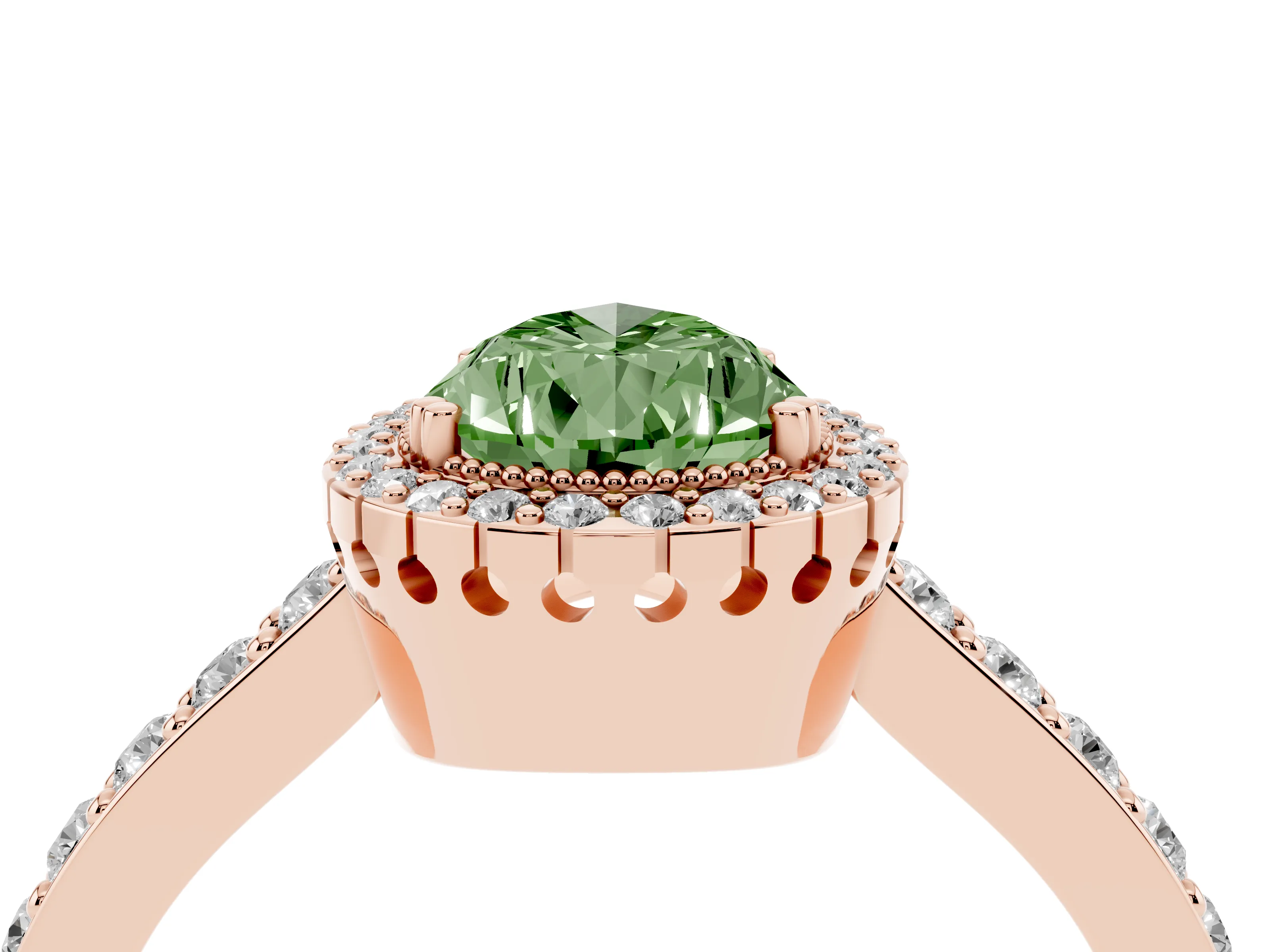 Fancy Green Pear Cut Diamond Halo Engagement Ring Set in Rose gold with Milgrain Detail and Pavé Band