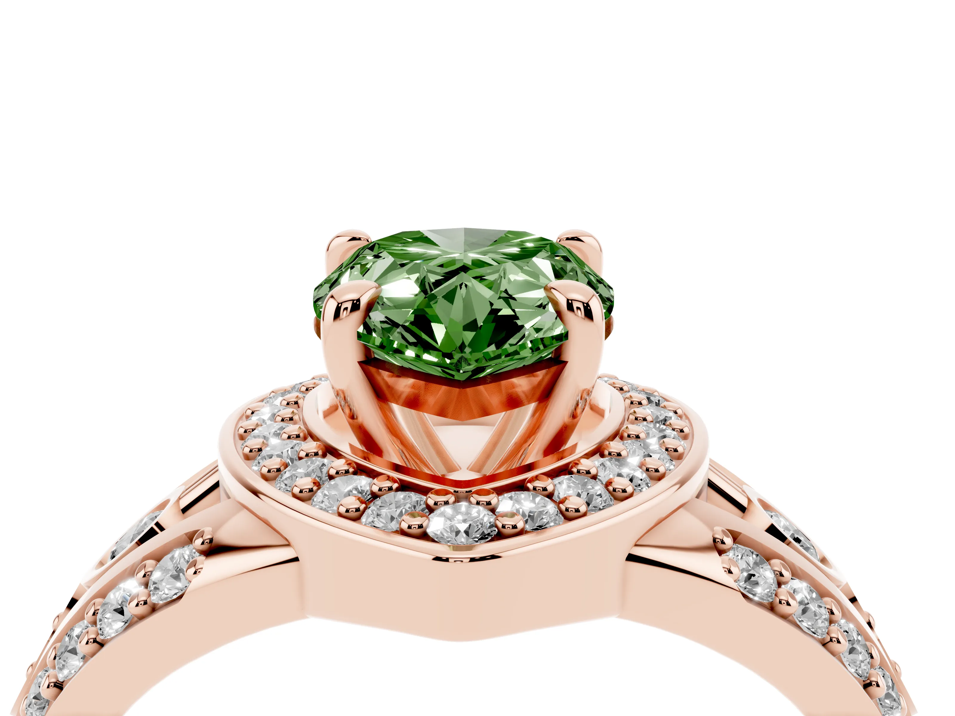 Fancy Green Pear Cut Diamond Halo Ring Set in Rose gold with Pavé Split Shank and Bezel Accents
