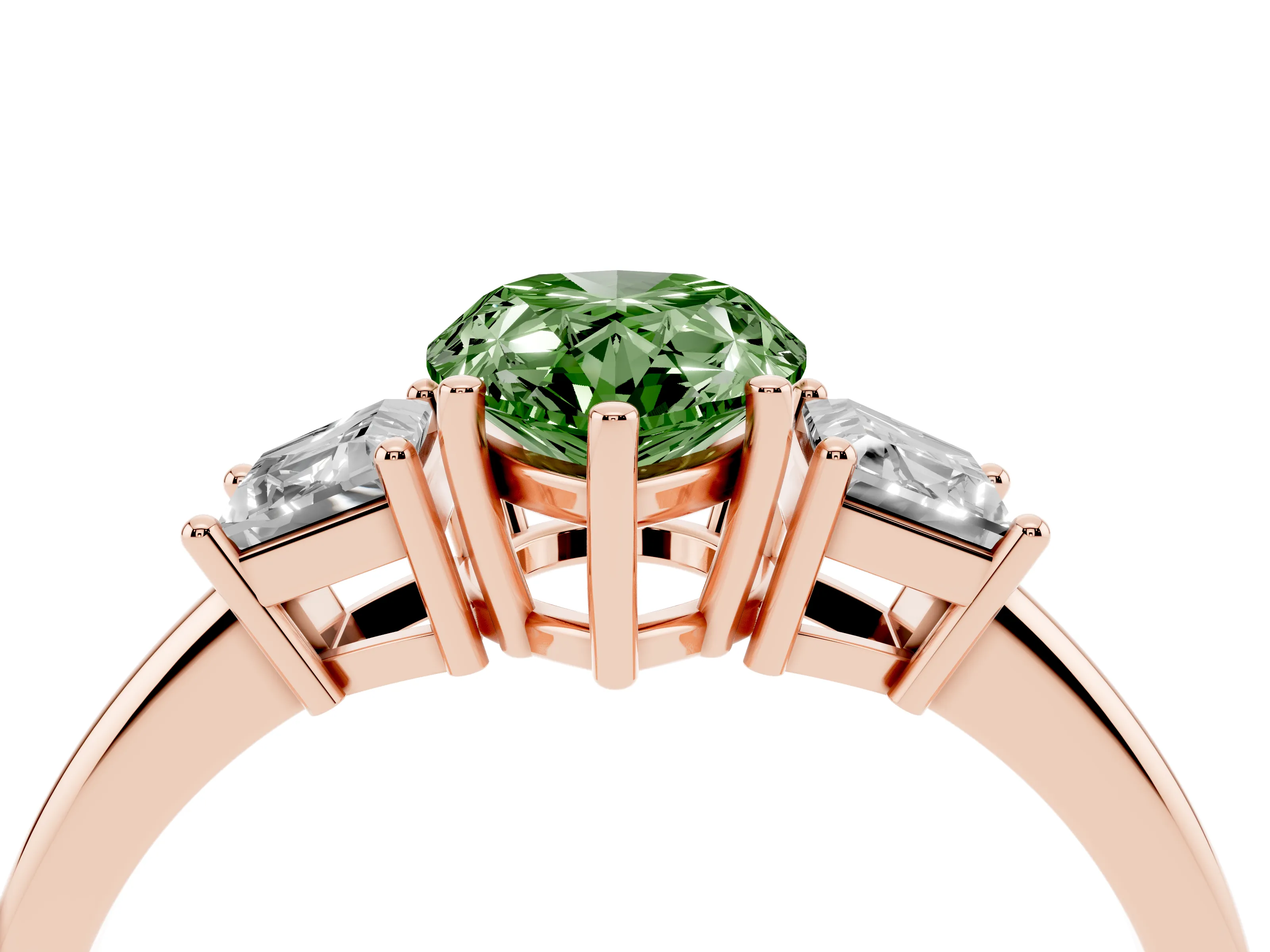 Fancy Green Pear Cut Diamond Three-Stone Ring Set in Rose gold with Trapezoid Side Stones and Prong Setting