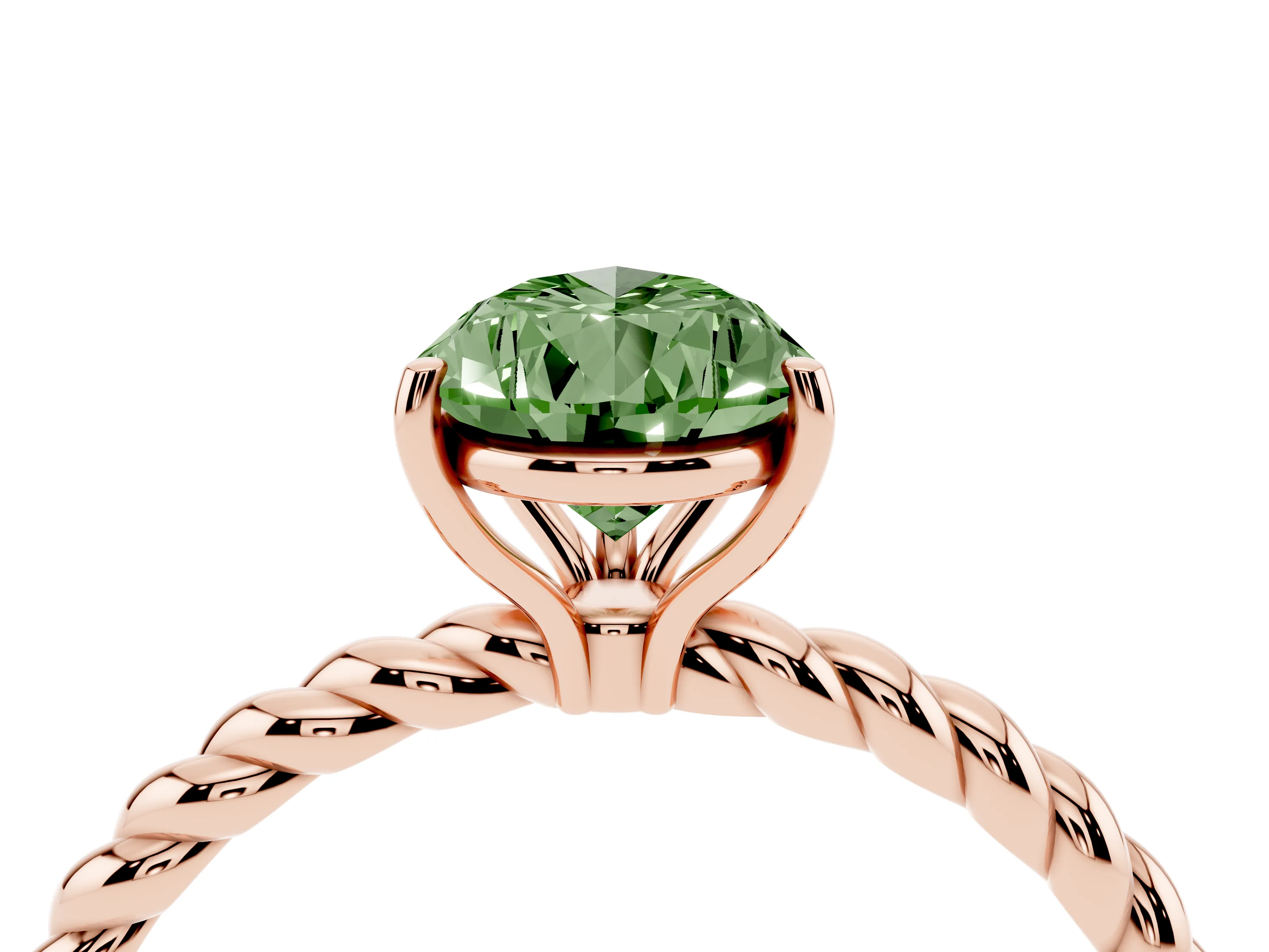 Fancy Green Pear Cut Diamond Solitaire Ring Set in Rose gold with Twist Band and Prong Setting