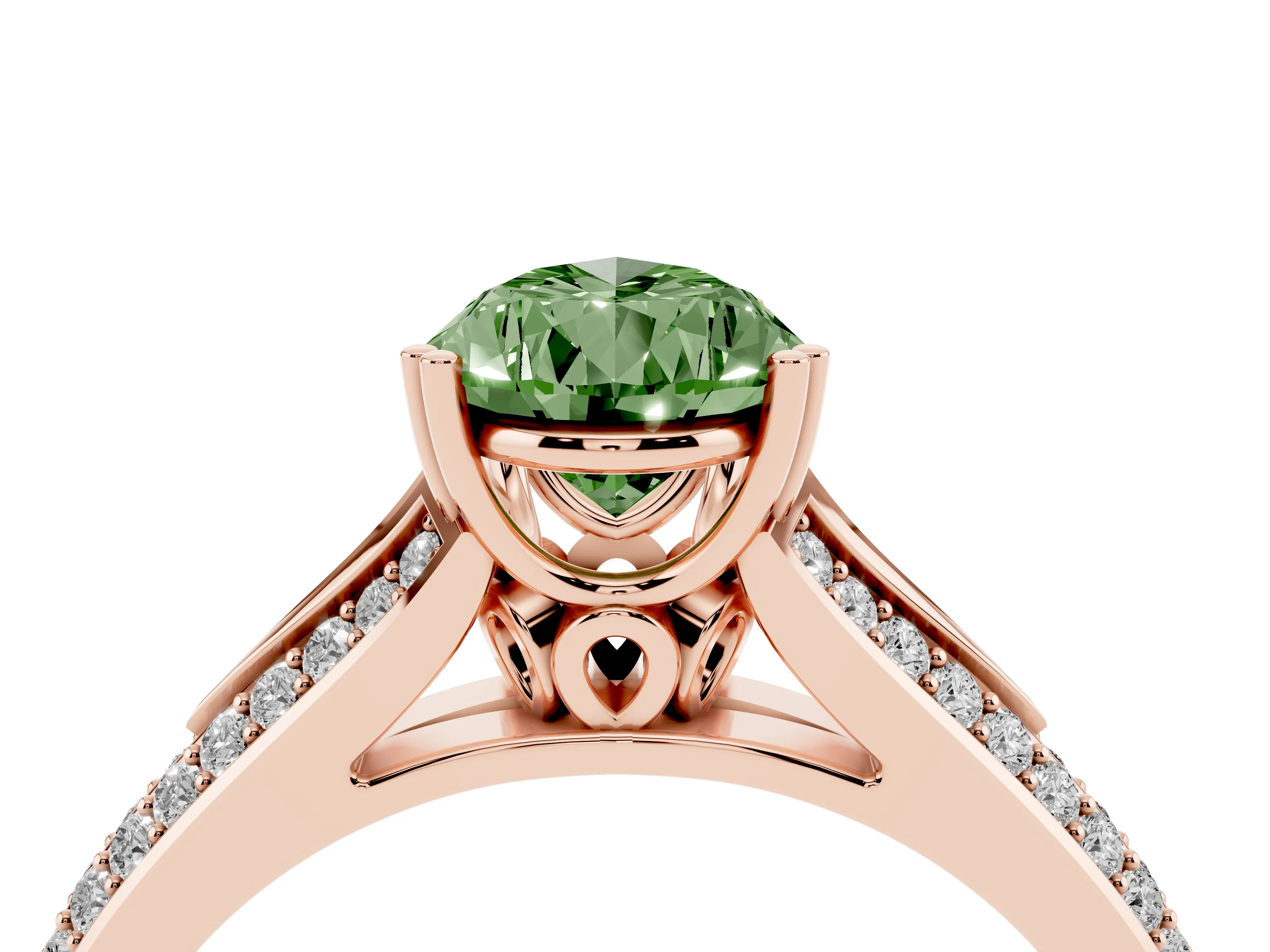 Fancy Green Pear Cut Diamond Split Shank Pavé Engagement Ring Set in Rose gold with Prong-Set Center Stone