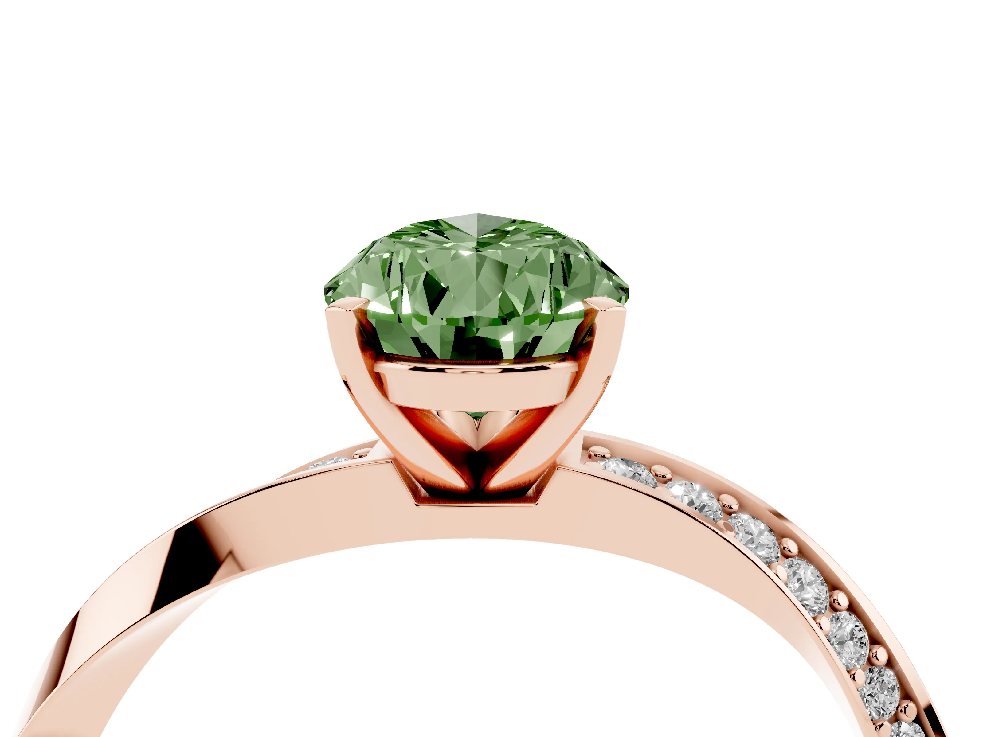 Fancy Green Pear Cut Diamond Engagement Ring Set in Rose gold with Side Stone Accents and Prong Setting