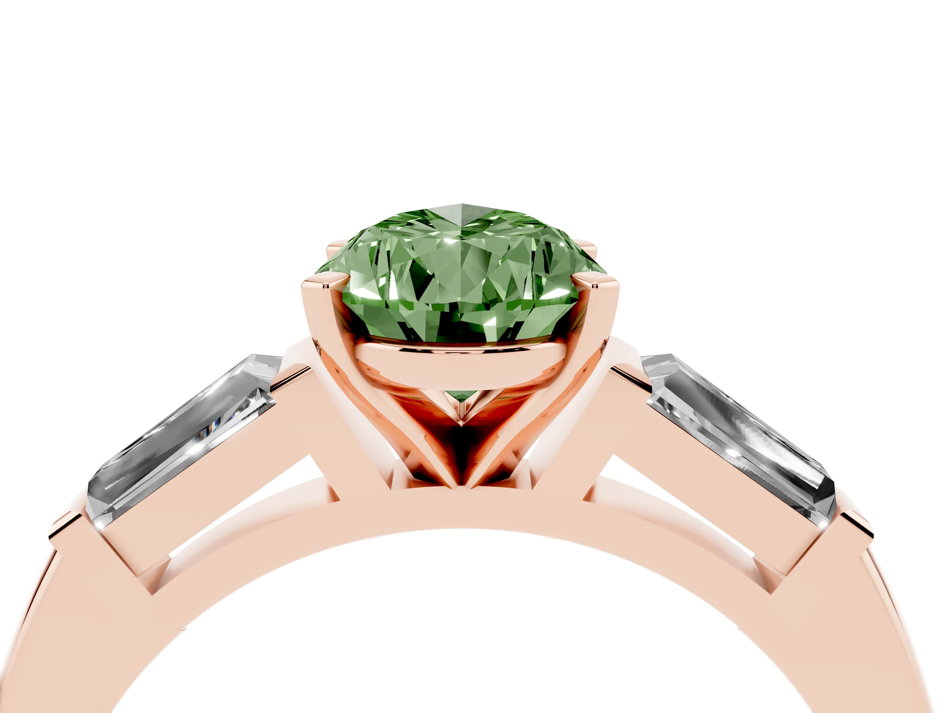 Fancy Green Pear Cut Diamond Solitaire Ring Set in Rose gold with Tapered Baguette Side Stones and Prong Setting