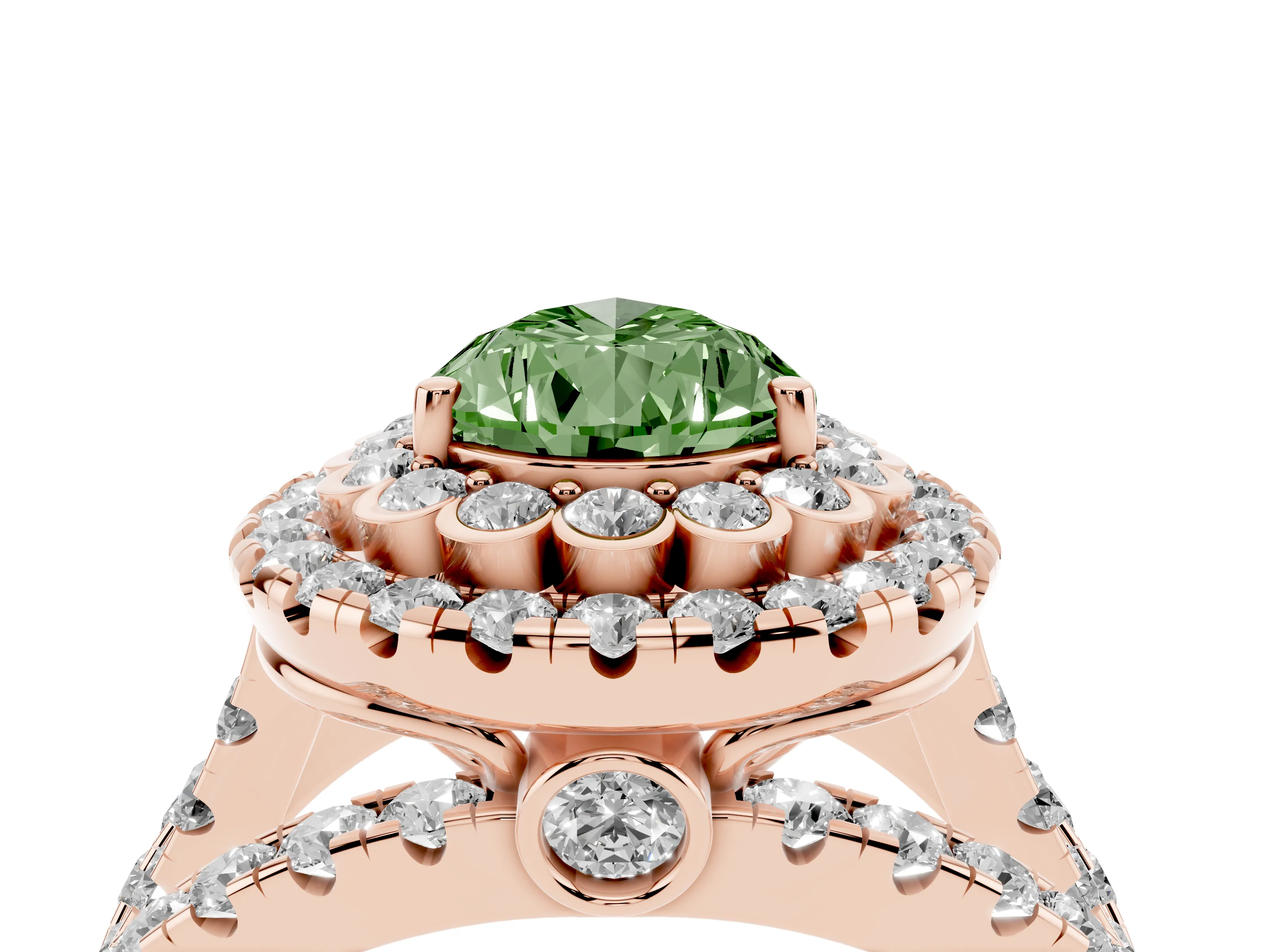 Fancy Green Pear Cut Diamond Double Halo Ring Set in Rose gold with Round Pavé Split Shank