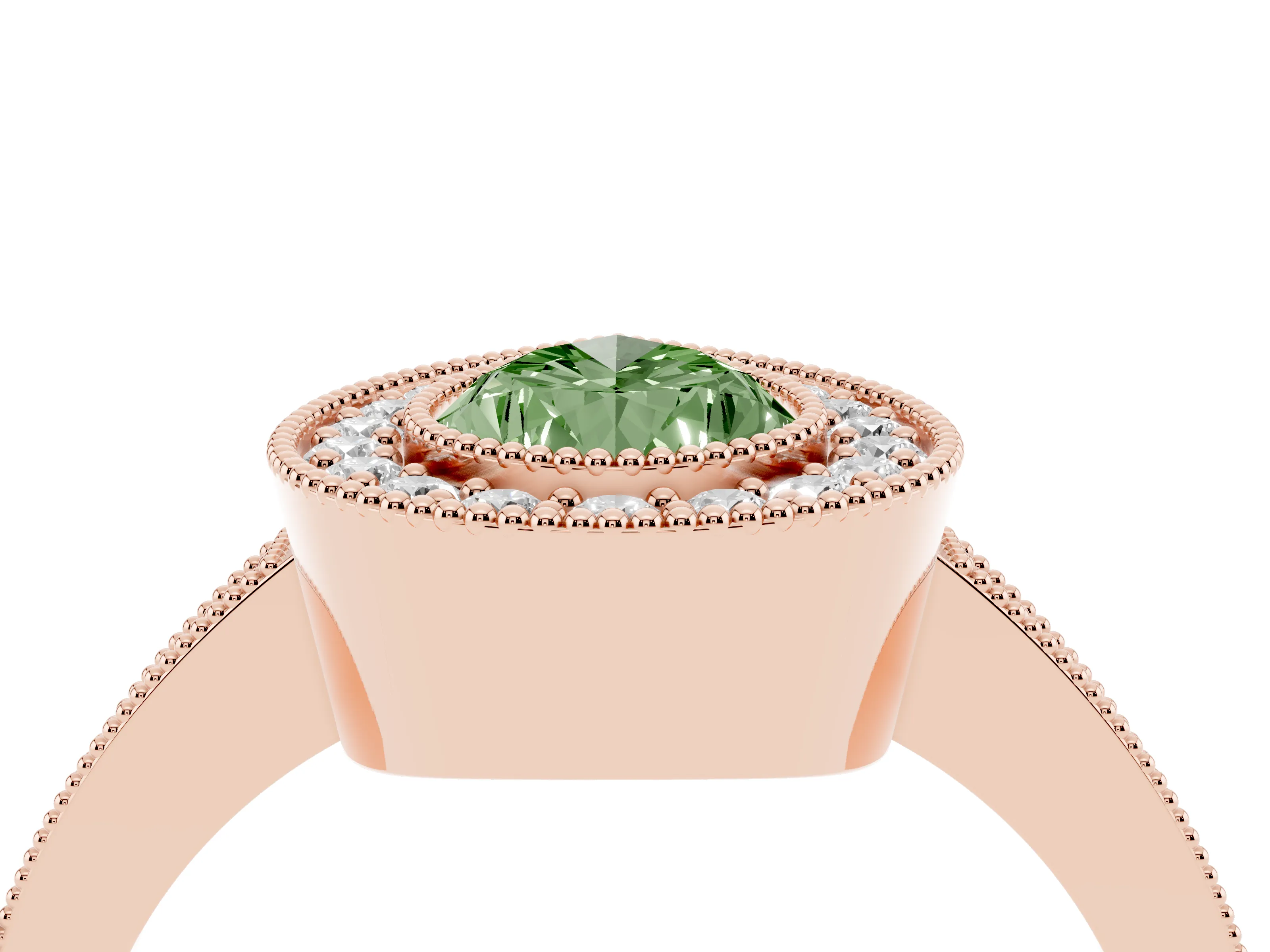 Fancy Green Pear Cut Diamond Halo Engagement Ring Set in Rose gold with Pavé Band and Round Halo Stones