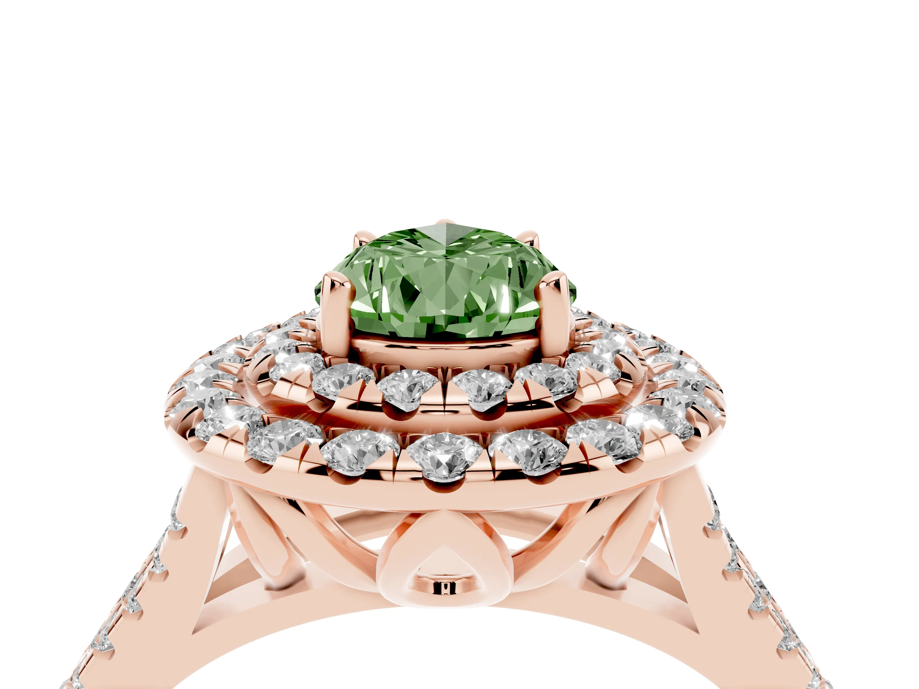 Fancy Green Pear Cut Diamond Double Halo Ring Set in Rose gold with Pavé Split Shank and Prong Setting