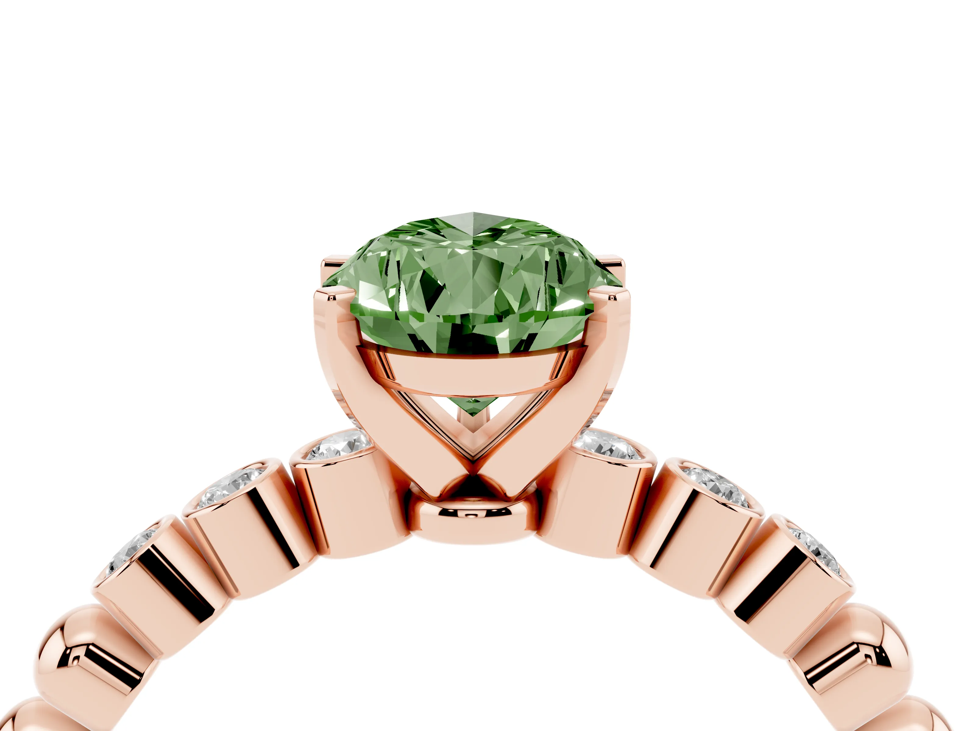 Fancy Green Pear Cut Diamond Solitaire Engagement Ring Set in Rose gold with Bezel Accents on Beaded Band