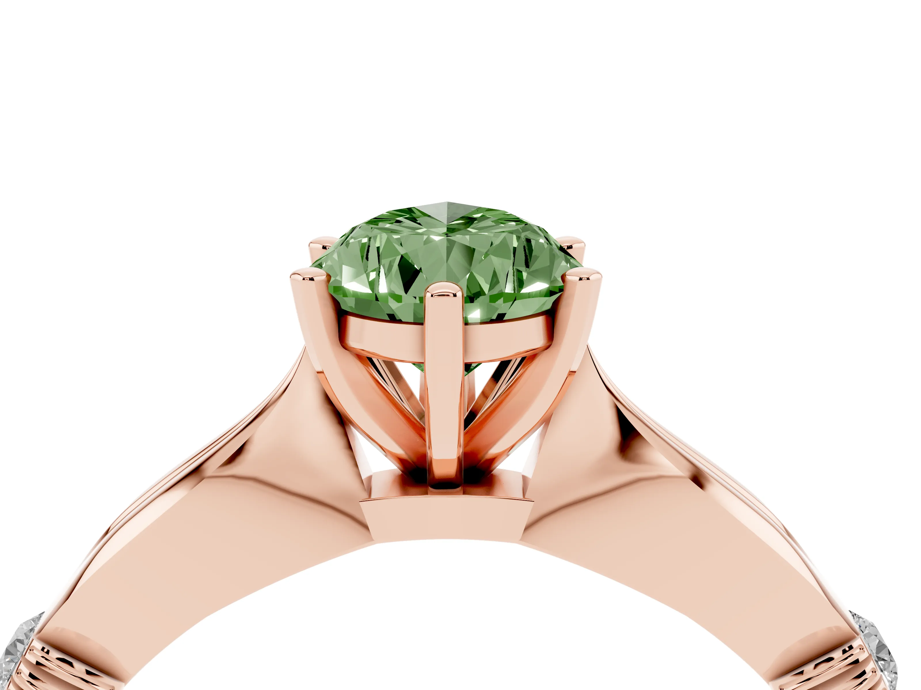 Fancy Green Pear Cut Diamond Solitaire Twisted Band Ring Set in Rose gold with Accent Stones and Prong Setting