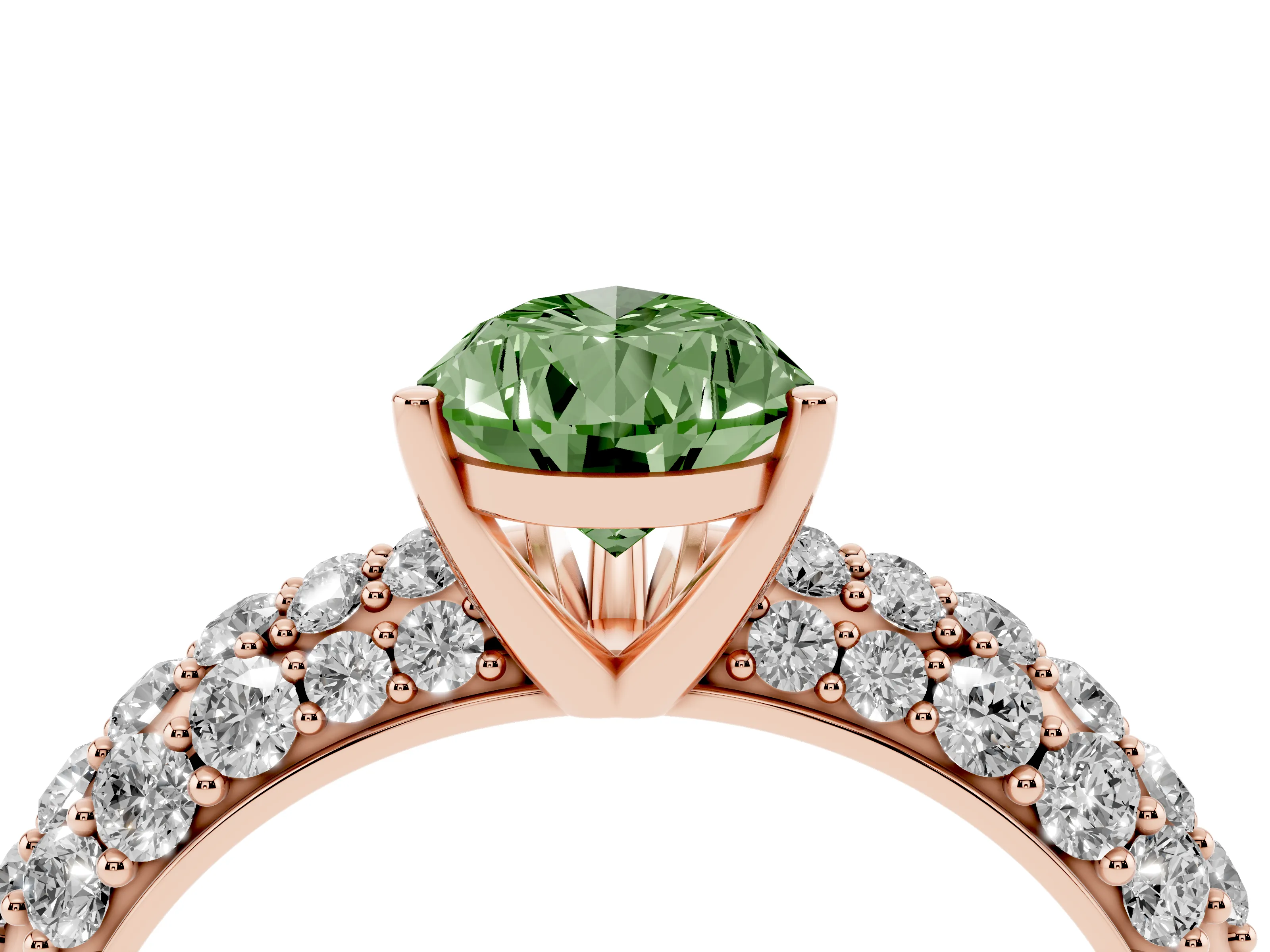 Fancy Green Pear Cut Diamond Pavé Band Solitaire Ring Set in Rose gold with Close-Set Accent Stones and Prong Setting