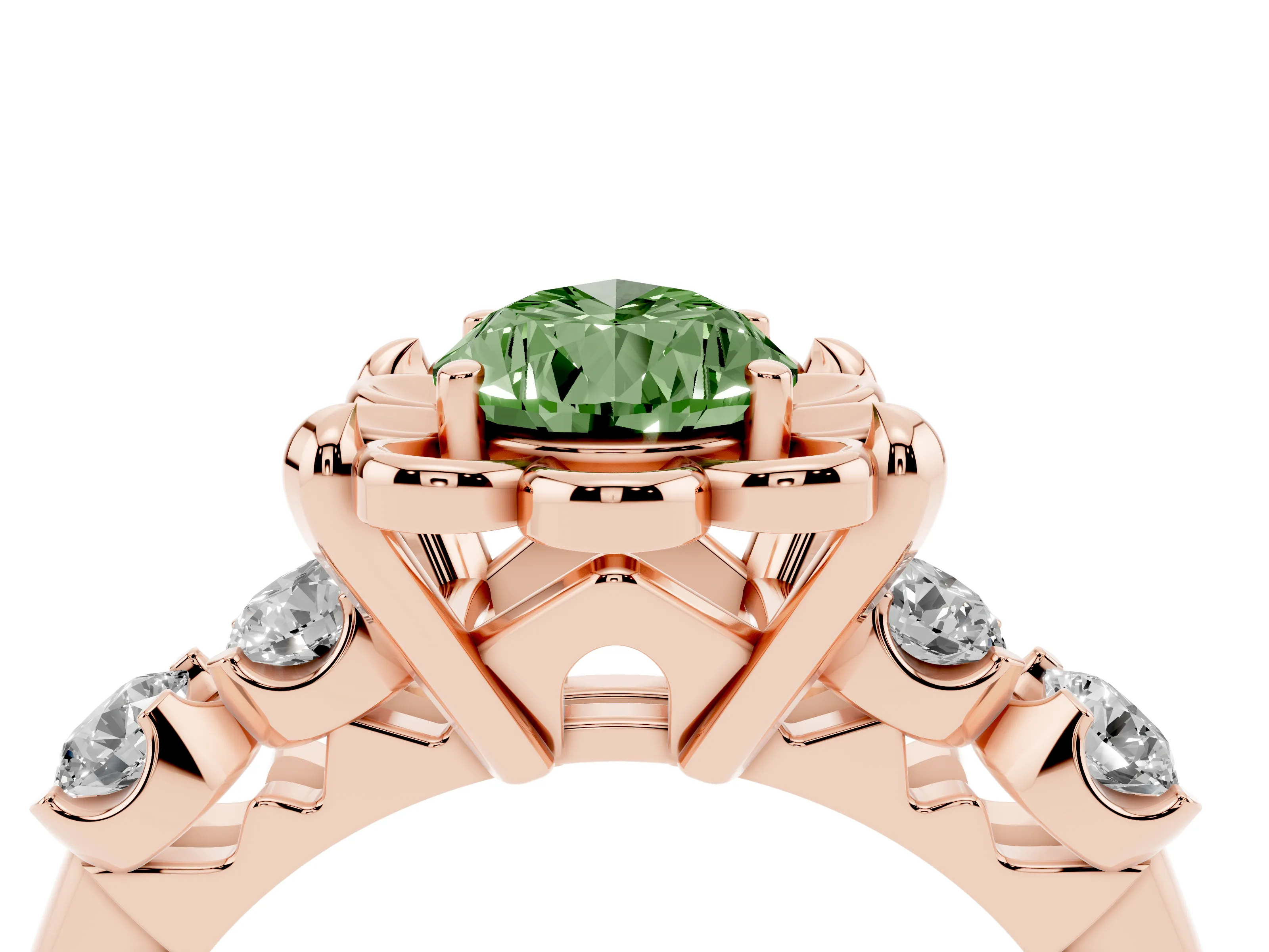 Fancy Green Pear Cut Diamond Floral Halo Ring Set in Rose gold with Shared Prong Band