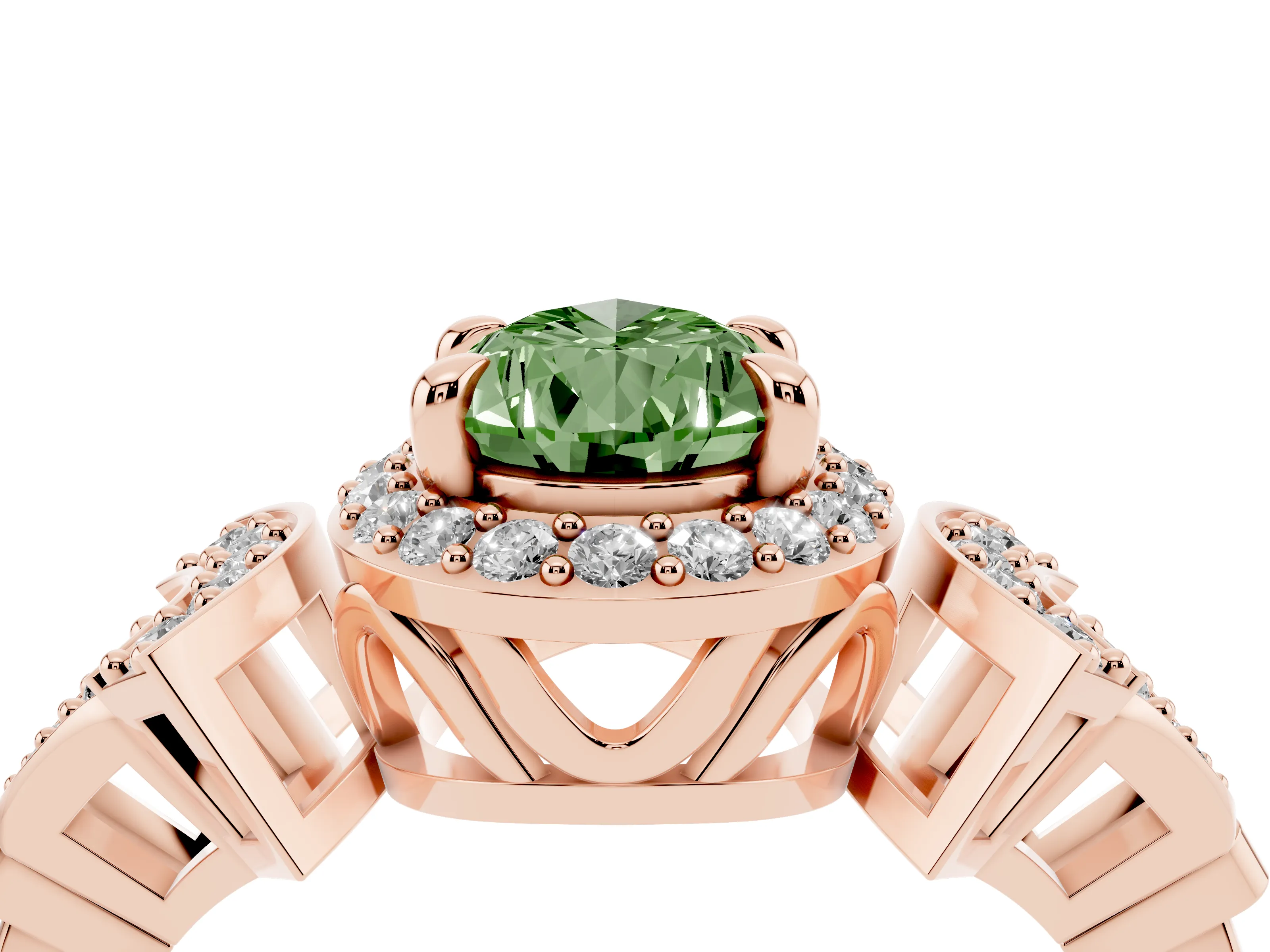 Fancy Green Pear Cut Diamond Halo Engagement Ring Set in Rose gold with Accent Stone Split Shank