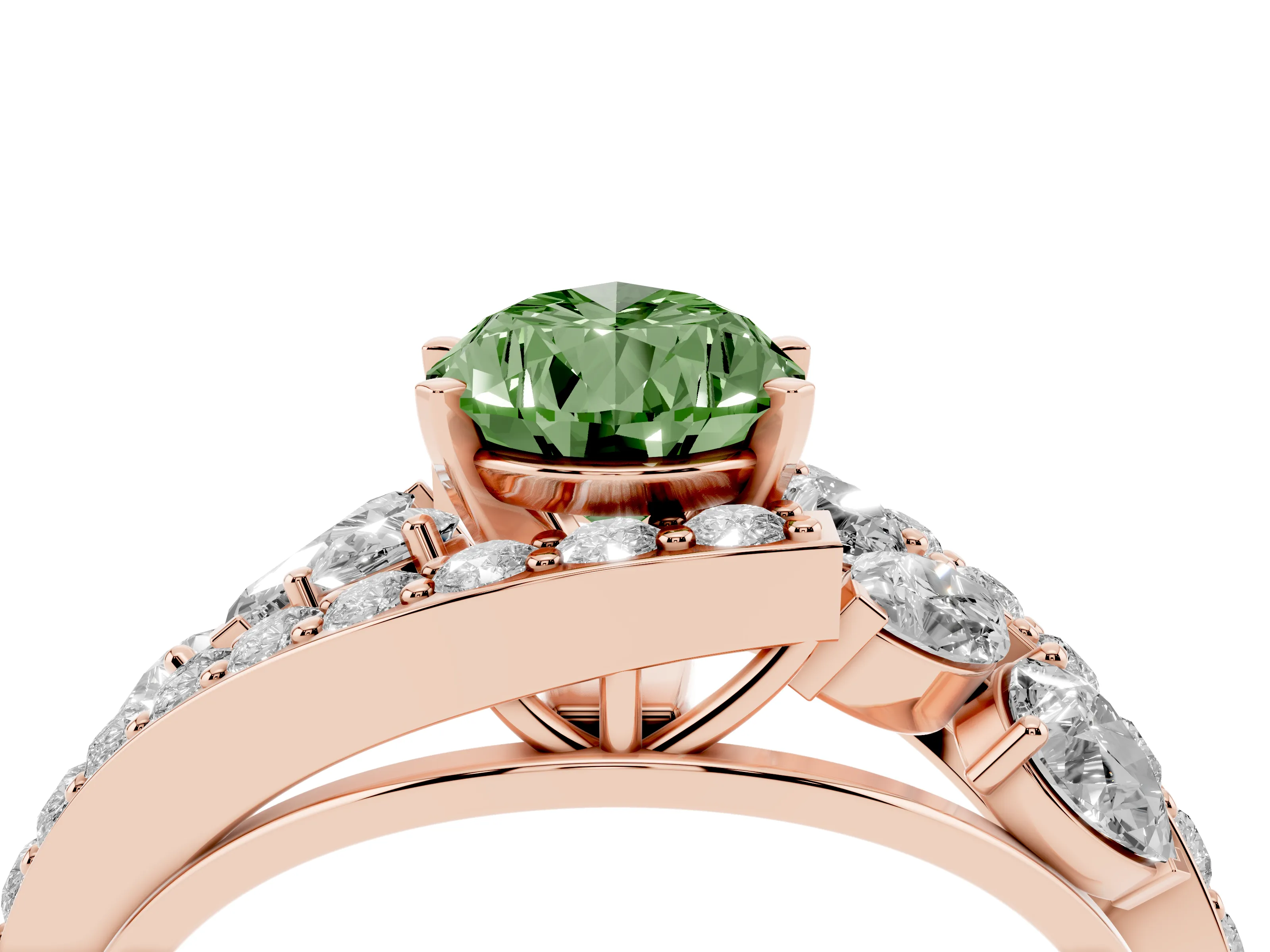 Fancy Green Pear Cut Diamond Halo Ring Set in Rose gold with Marquise and Pavé Band in Prong Setting