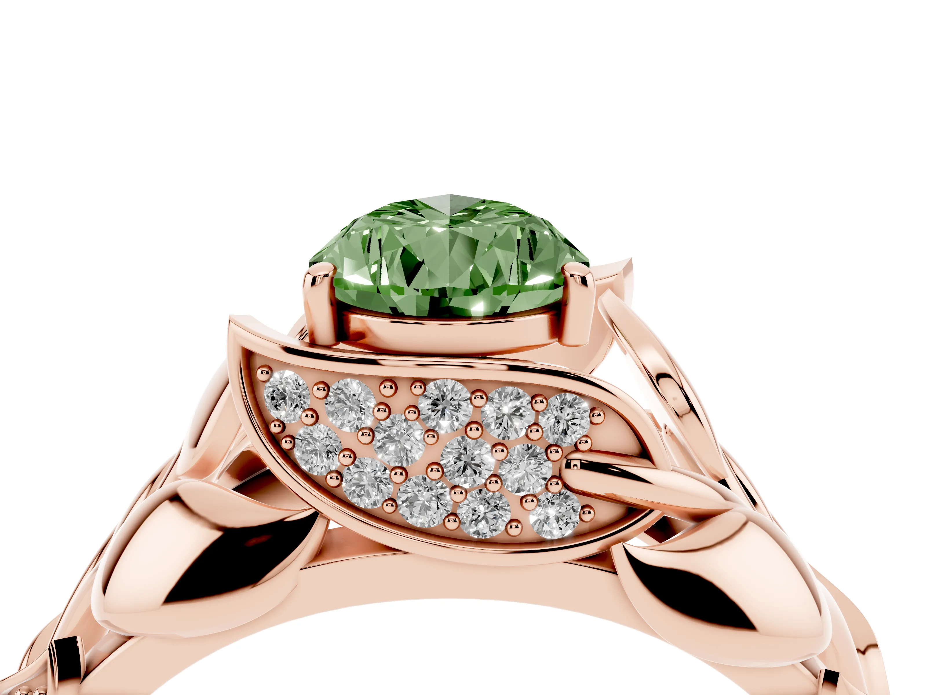 Fancy Green Pear Cut Diamond Leaf-Inspired Engagement Ring Set in Rose gold with Round Accents