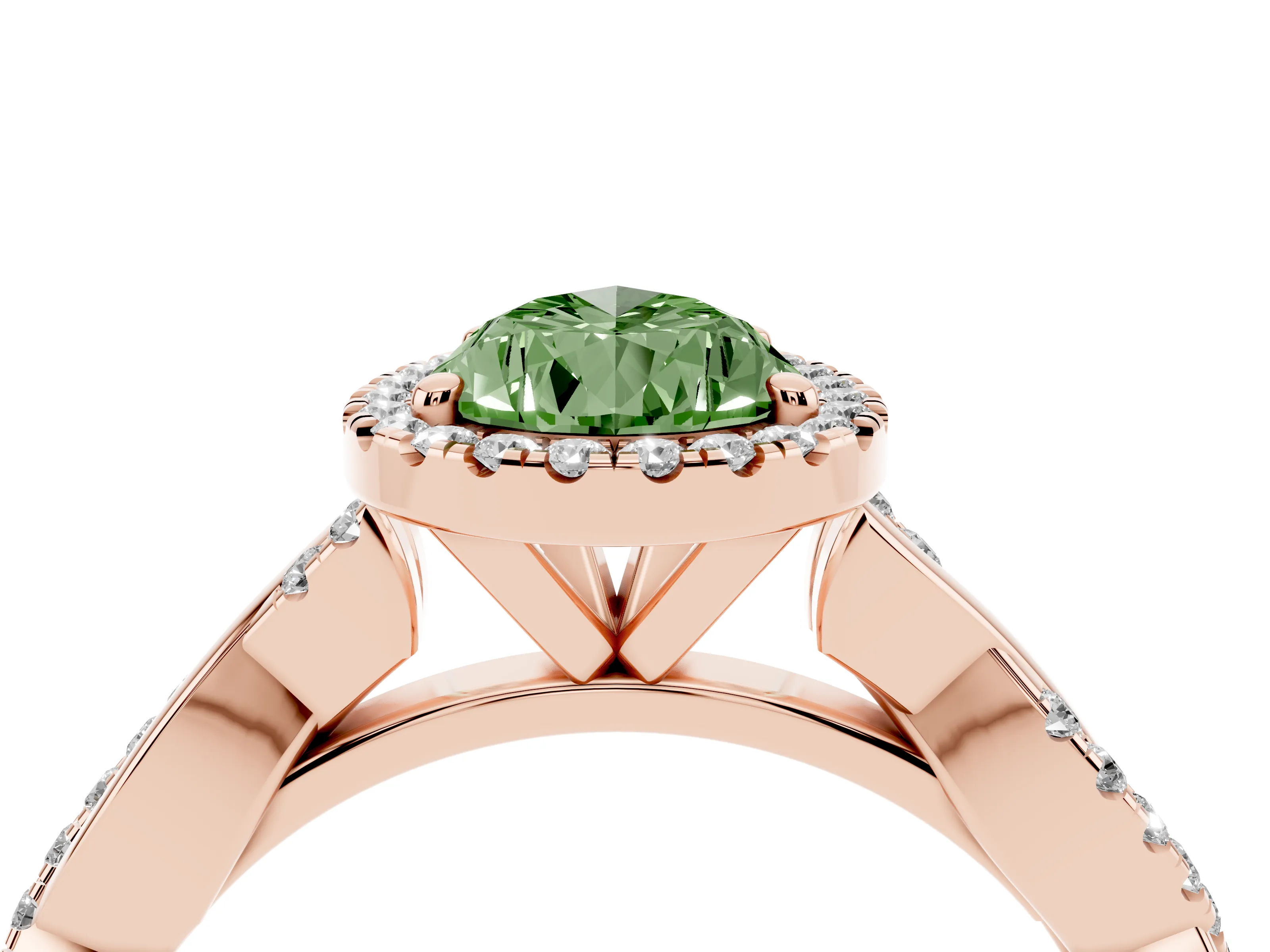 Fancy Green Pear Cut Diamond Halo Twisted Band Ring Set in Rose gold with Prong Setting