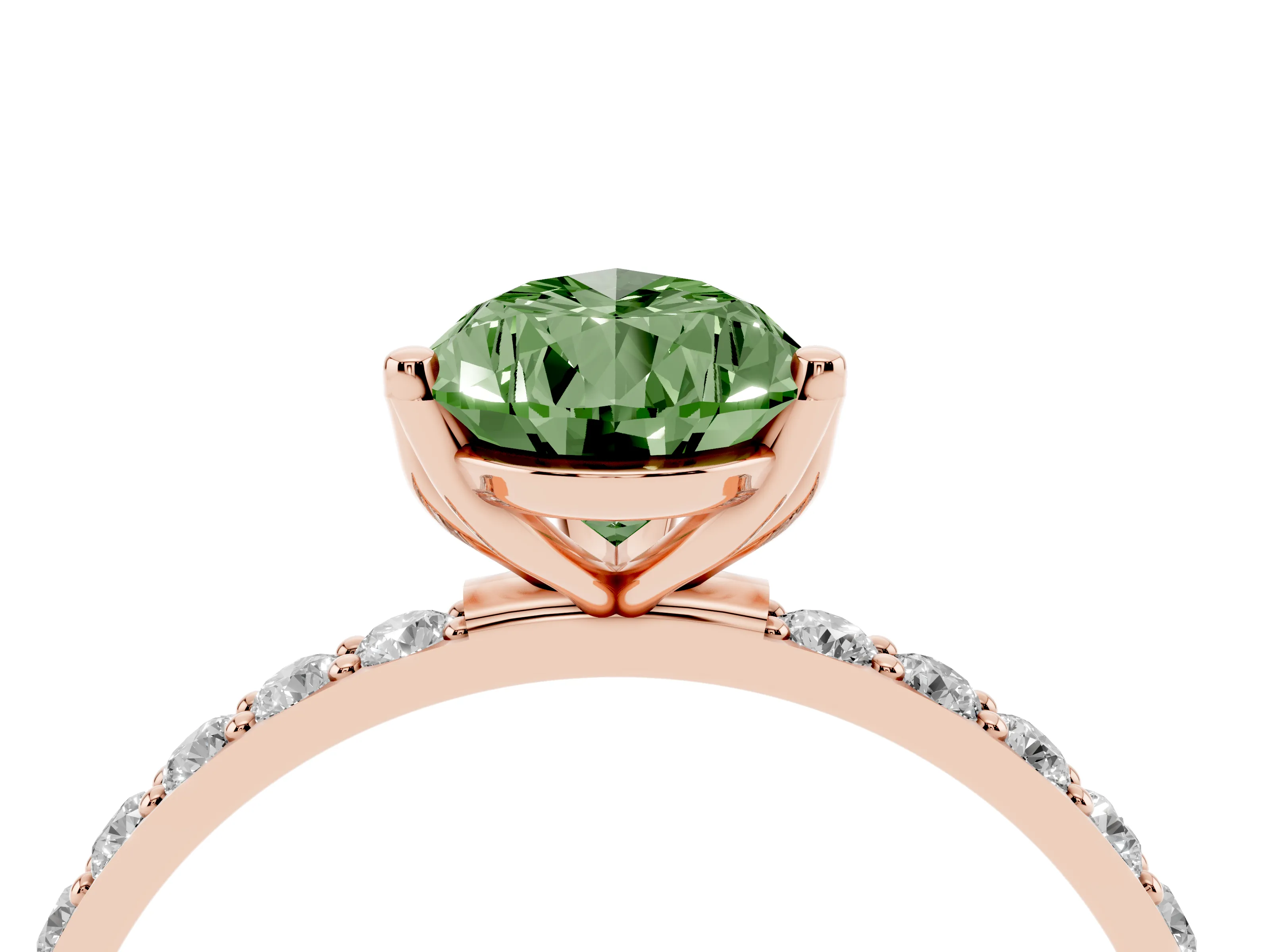 Fancy Green Pear Cut Diamond Solitaire Engagement Ring Set in Rose gold with Round Pavé Band and Prong Setting