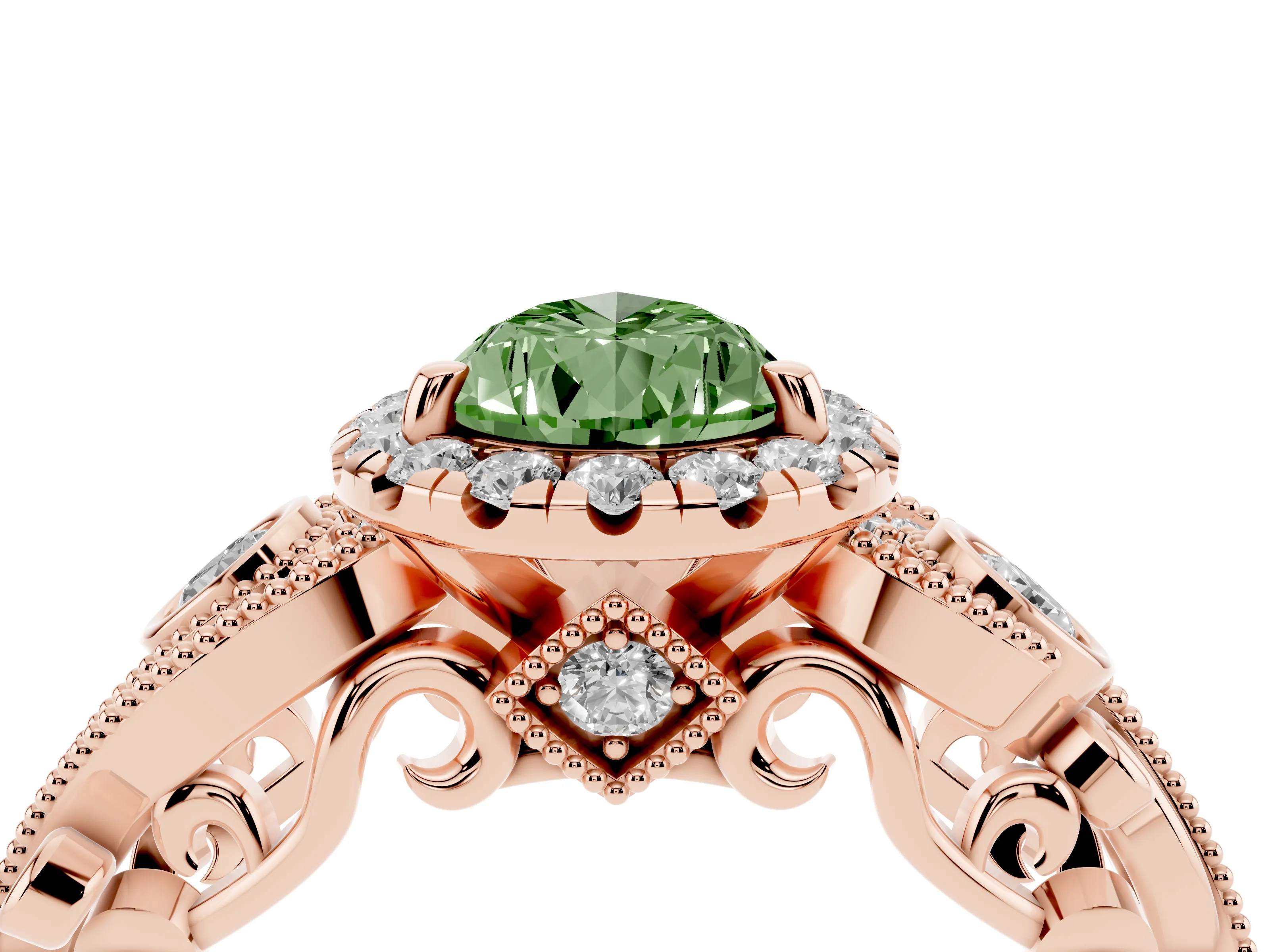 Fancy Green Pear Cut Diamond Halo Ring Set in Rose gold with Milgrain Pavé Band and Prong Setting