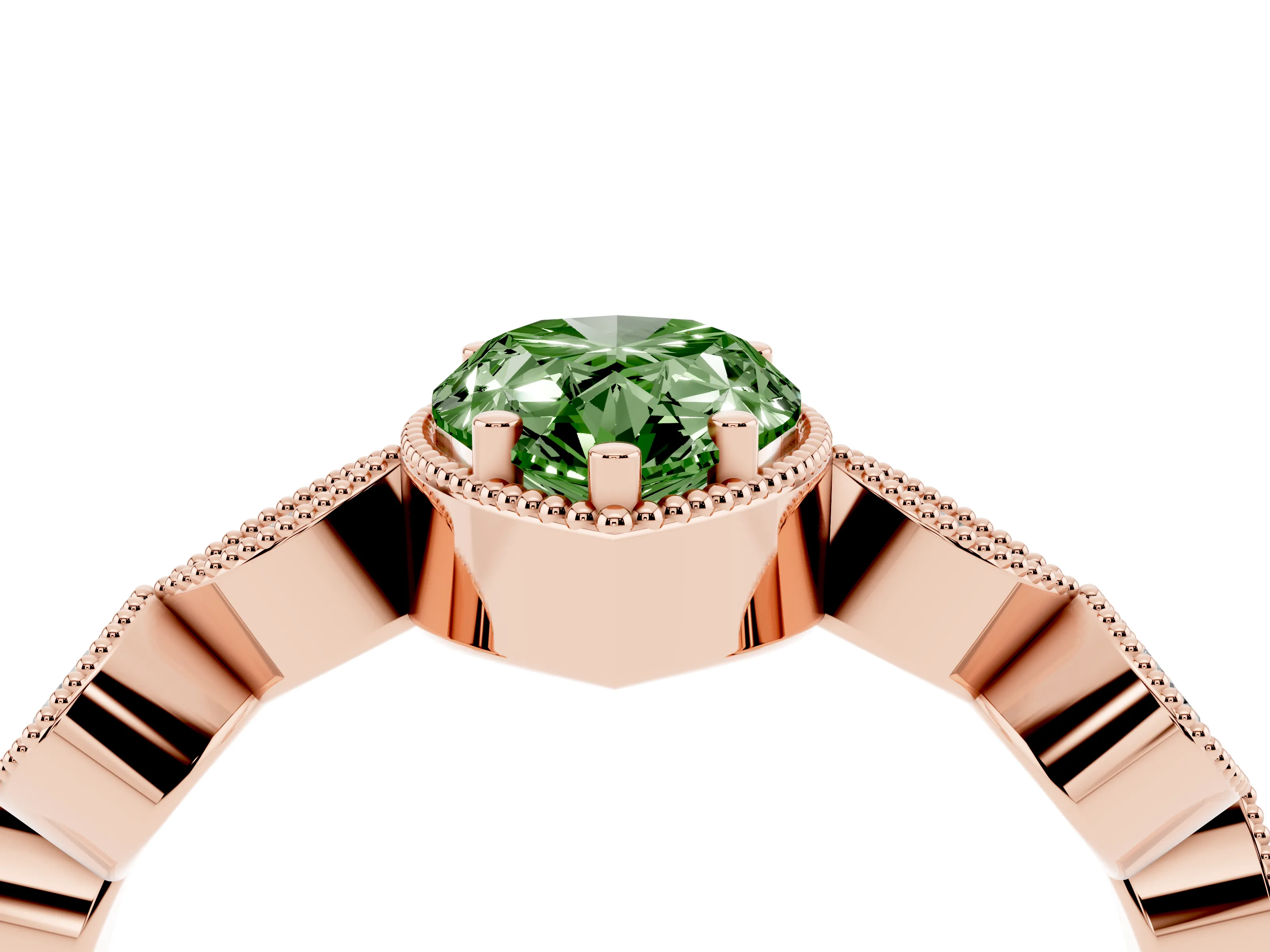 Fancy Green Pear Cut Diamond Vintage-Inspired Milgrain Ring Set in Rose gold with Marquise Stations of Round Accents