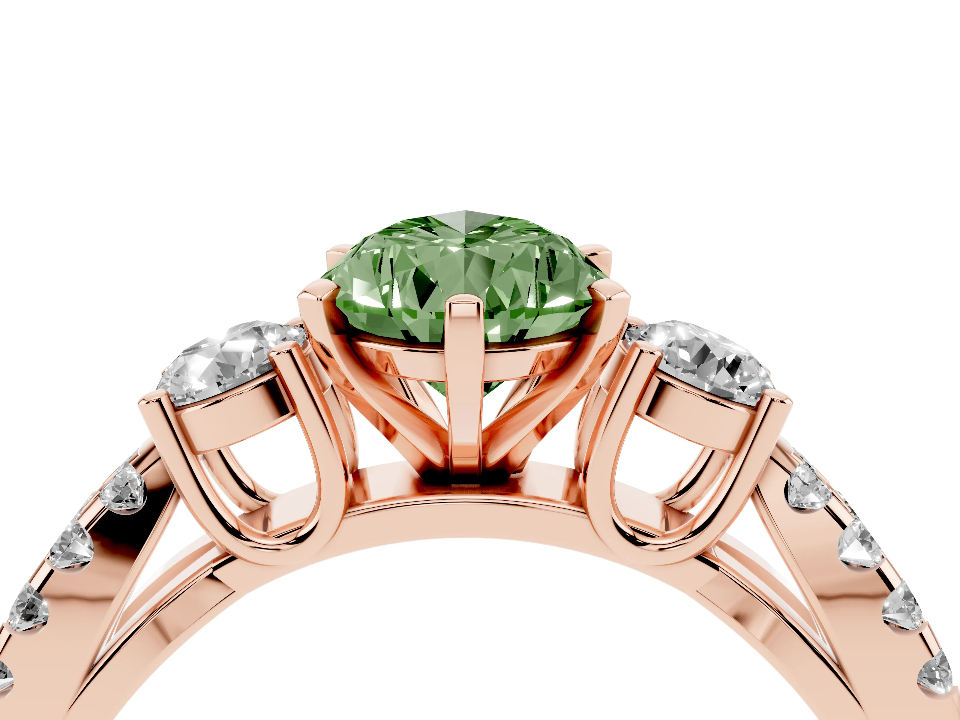 Fancy Green Pear Cut Diamond Three-Stone Ring Set in Rose gold with Pavé Split Shank and Prong Setting