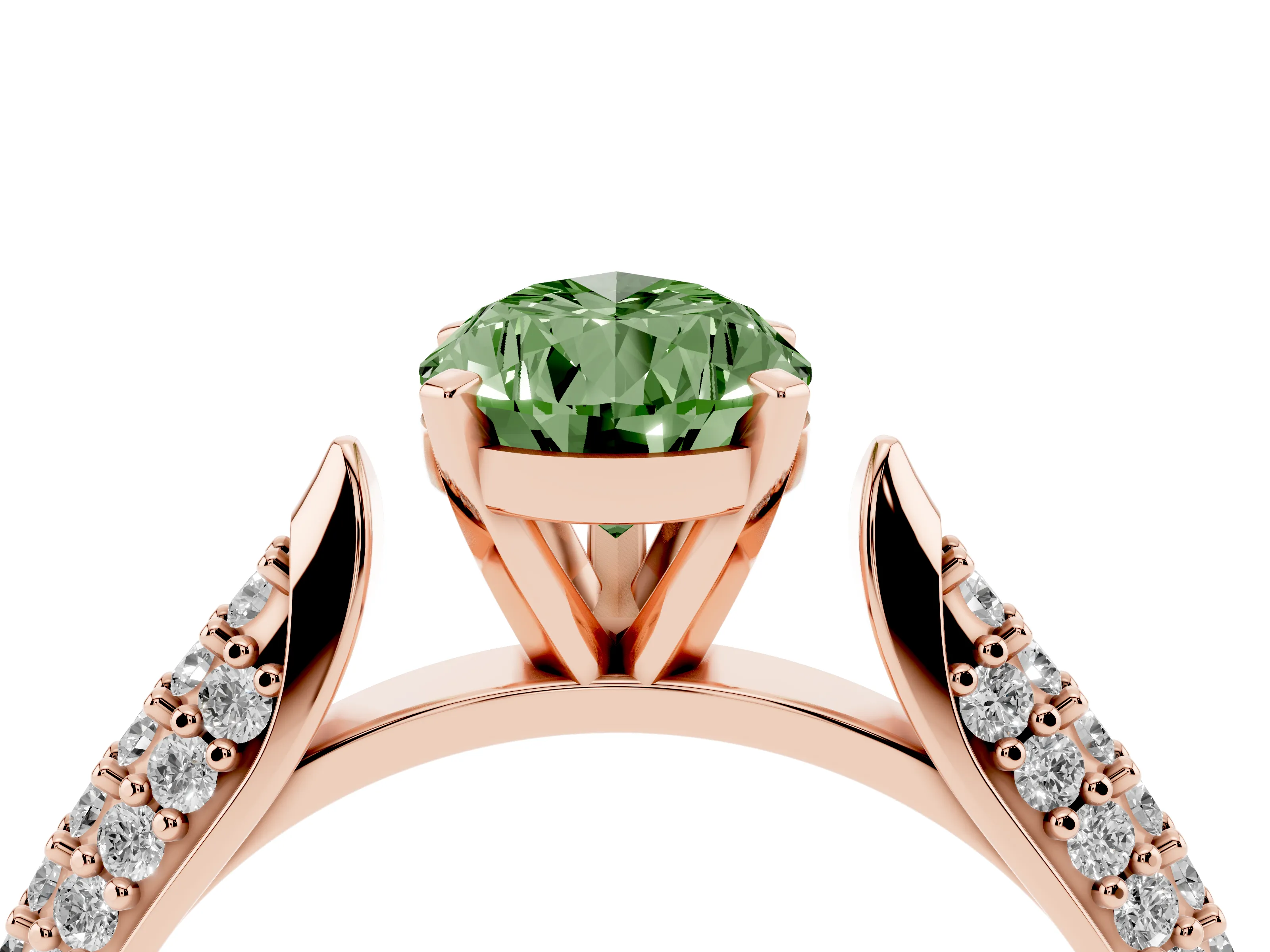 Fancy Green Pear Cut Diamond Solitaire Engagement Ring Set in Rose gold with Multi-Row Round Pavé Band and Prong Setting