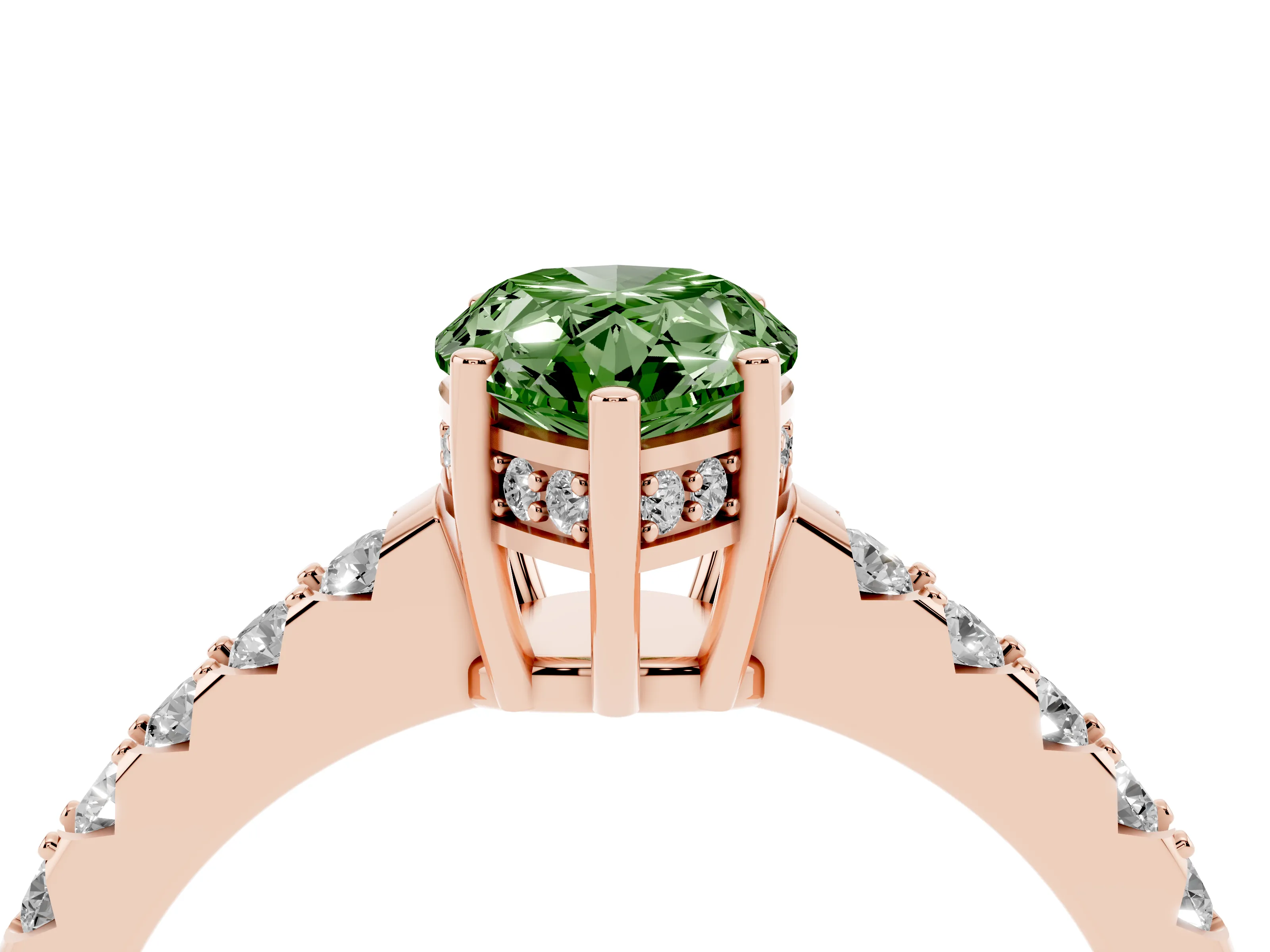 Fancy Green Pear Cut Diamond Solitaire Engagement Ring Set in Rose gold with Pavé Band and Prong Setting