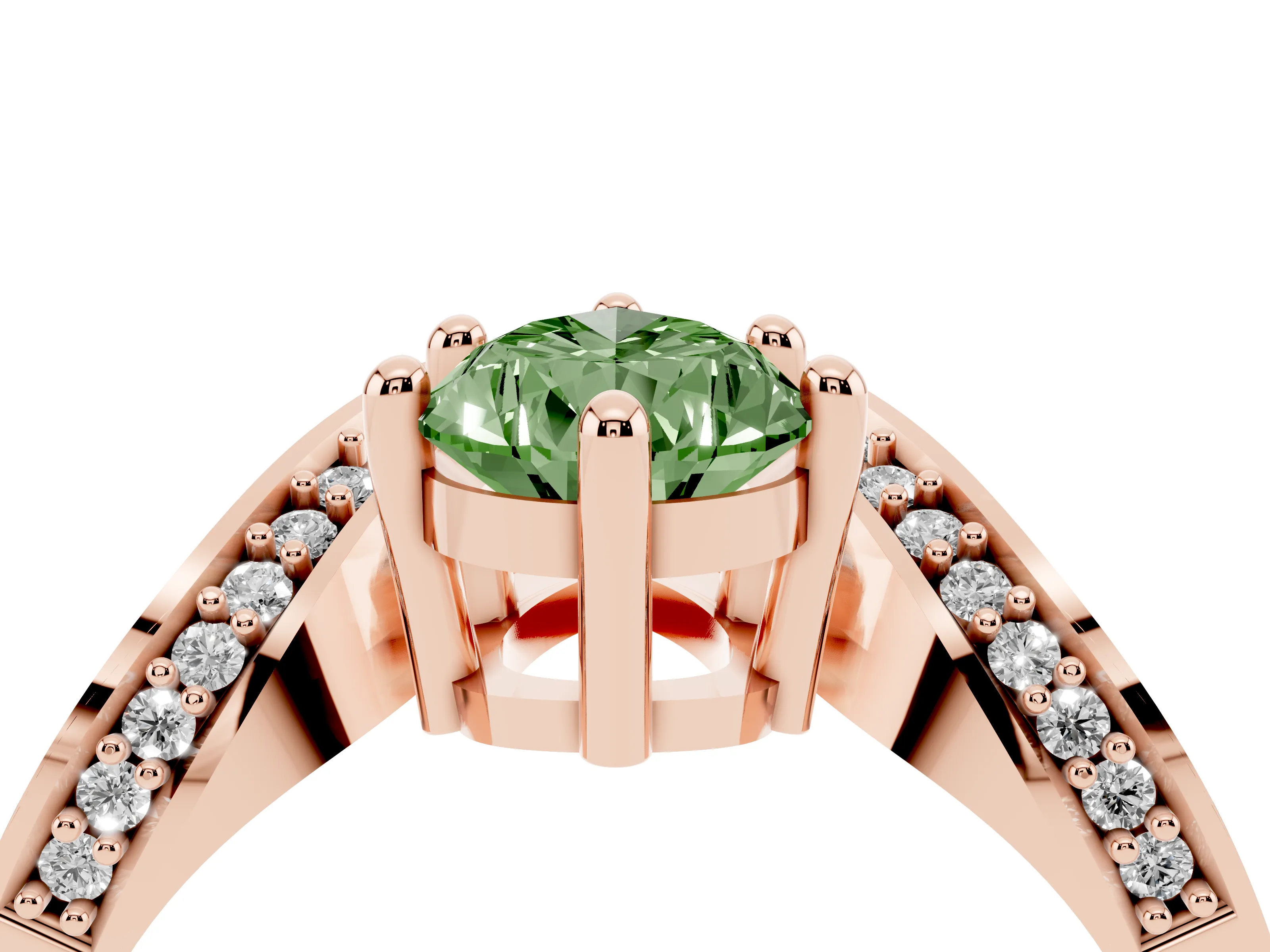Fancy Green Pear Cut Diamond Solitaire Engagement Ring Set in Rose gold with Pavé Shoulders