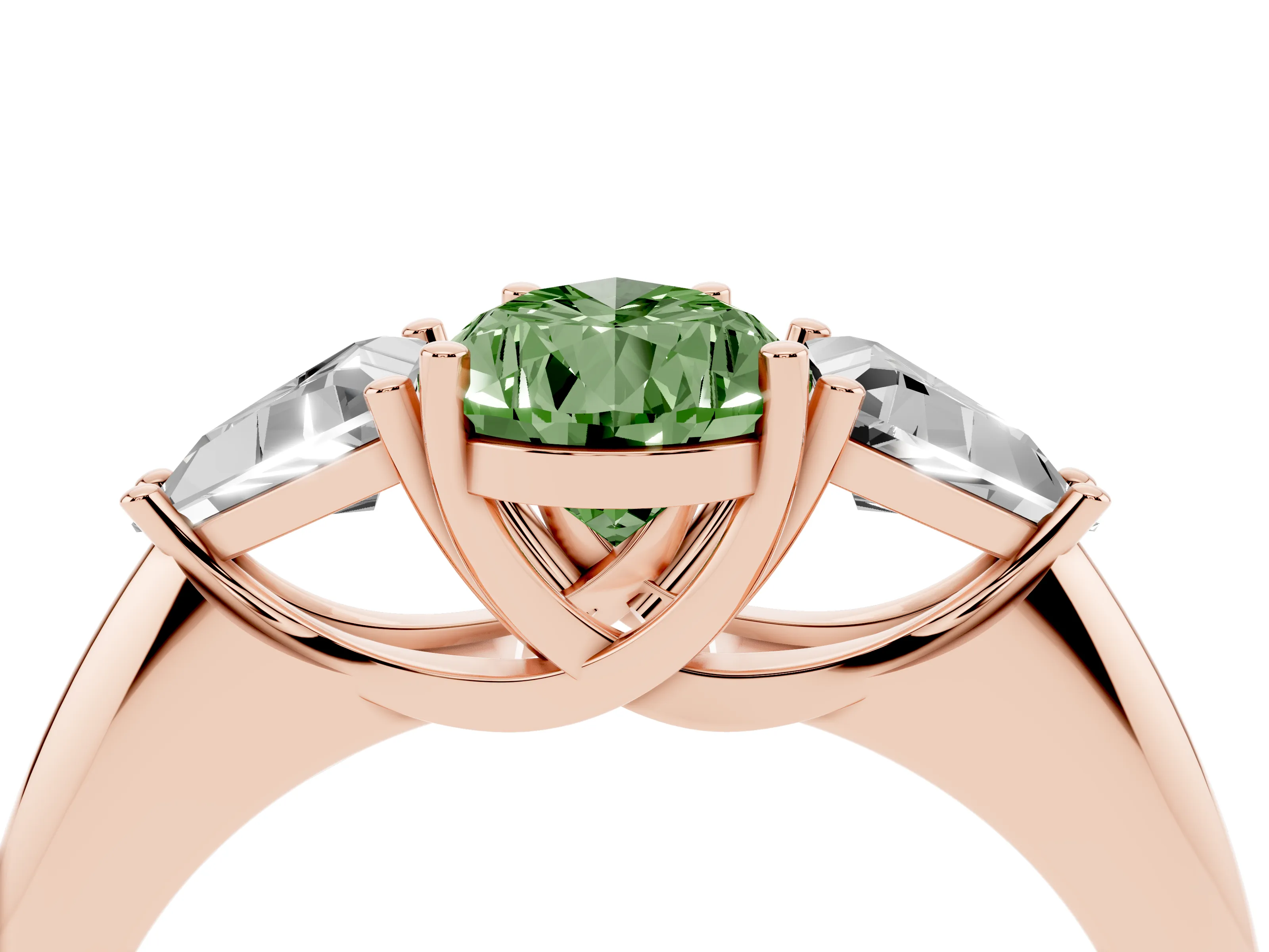 Fancy Green Pear Cut Diamond Three-Stone Engagement Ring Set in Rose gold with Trillion Side Stones