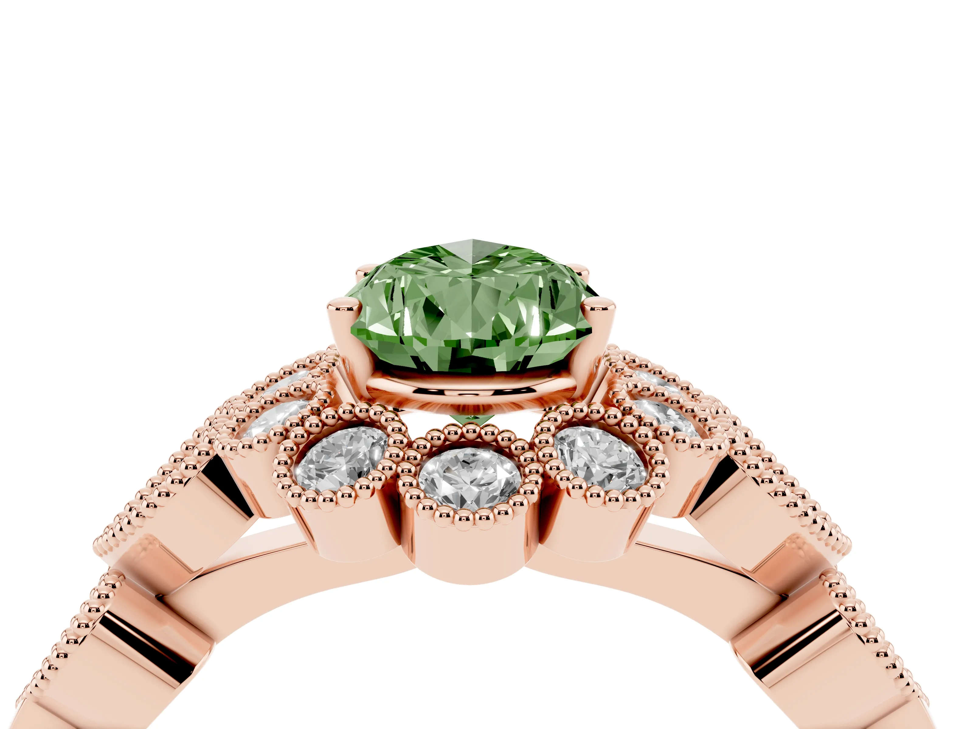 Fancy Green Pear Cut Diamond Solitaire Ring Set in Rose gold with Milgrain Pavé Heart Band