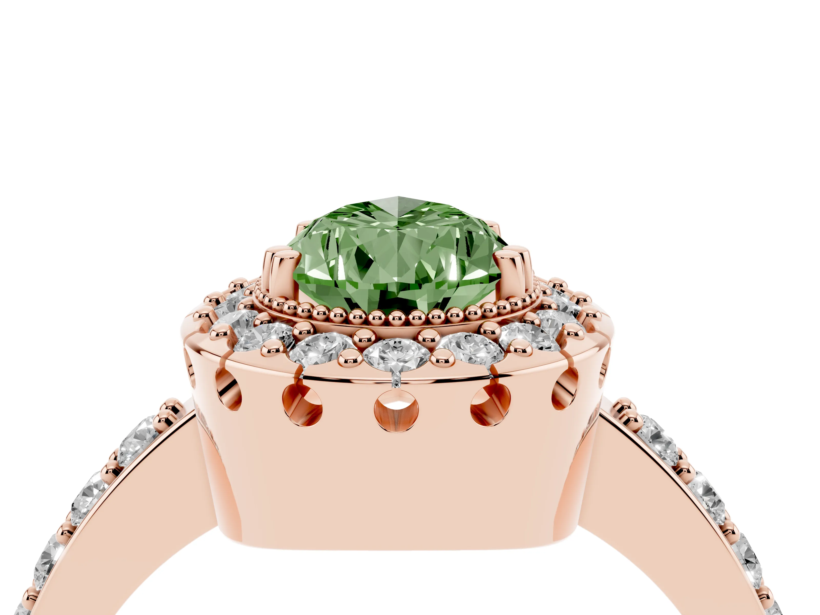 Fancy Green Pear Cut Diamond Halo Ring Set in Rose gold with Pavé Shank and Prong Setting