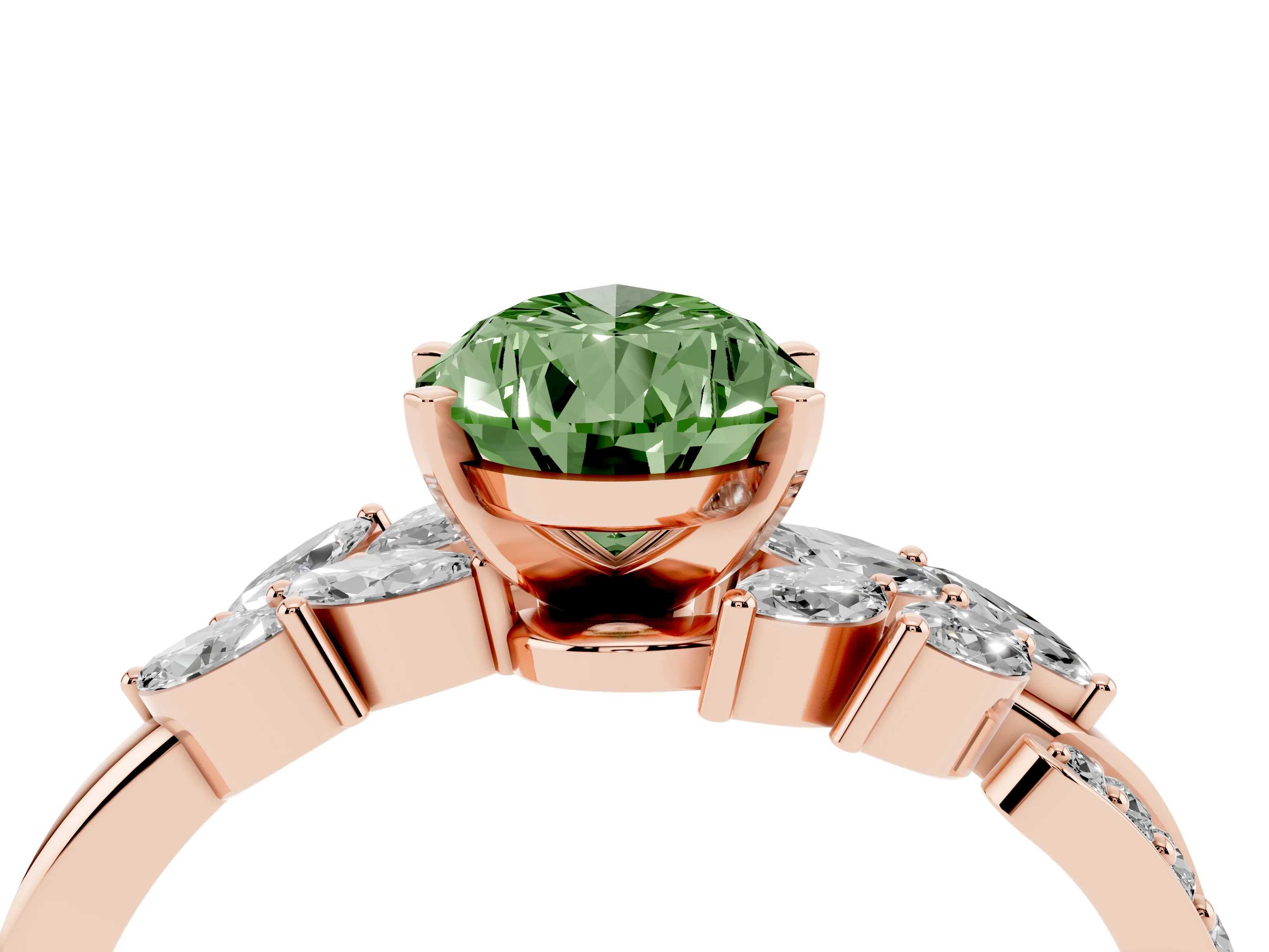 Fancy Green Pear Cut Diamond Solitaire Ring Set in Rose gold with Marquise Twist Band and Prong Setting