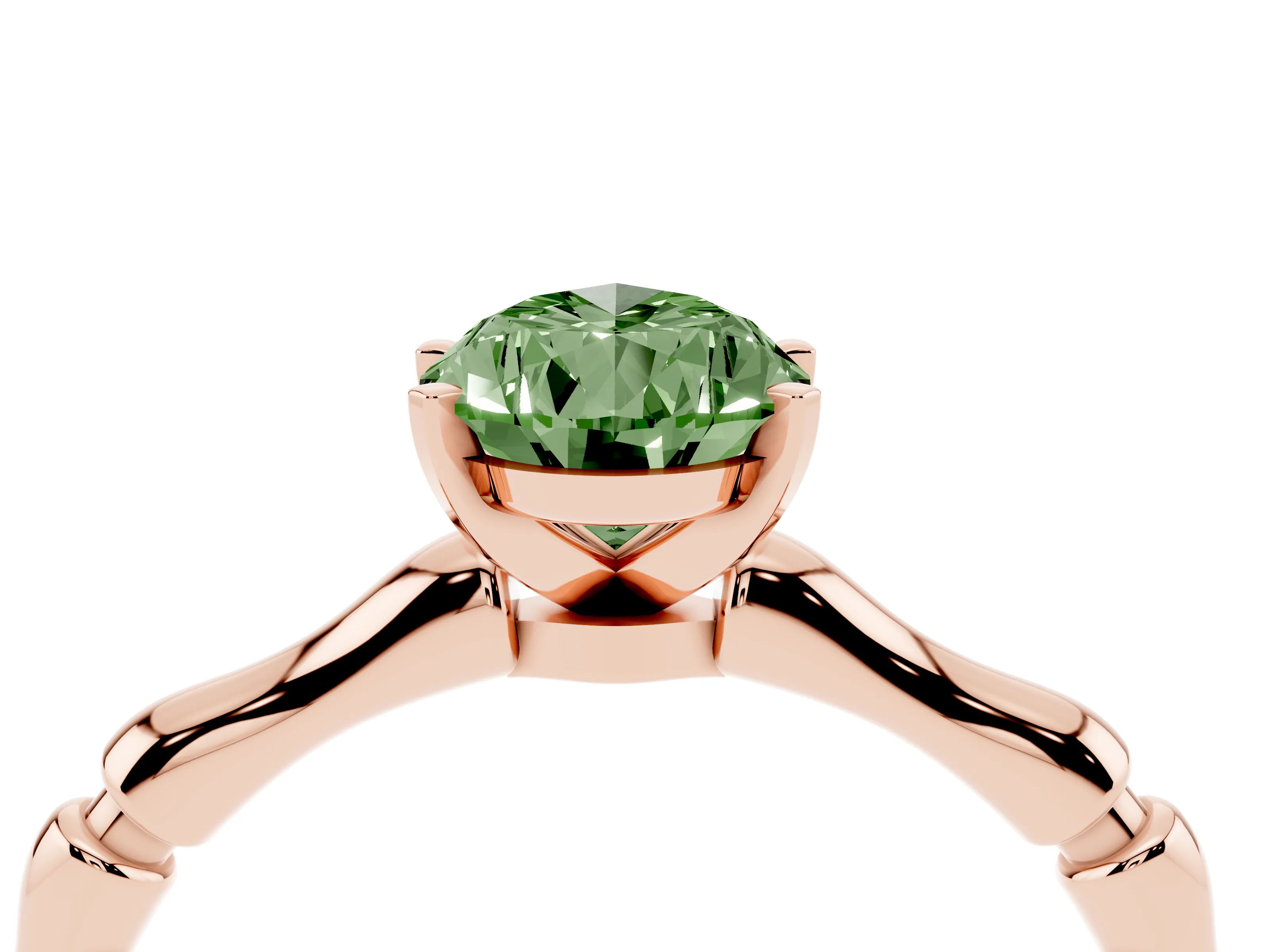 Fancy Green Pear Cut Diamond Solitaire Ring Set in Rose gold with Bamboo Band and Prong Setting
