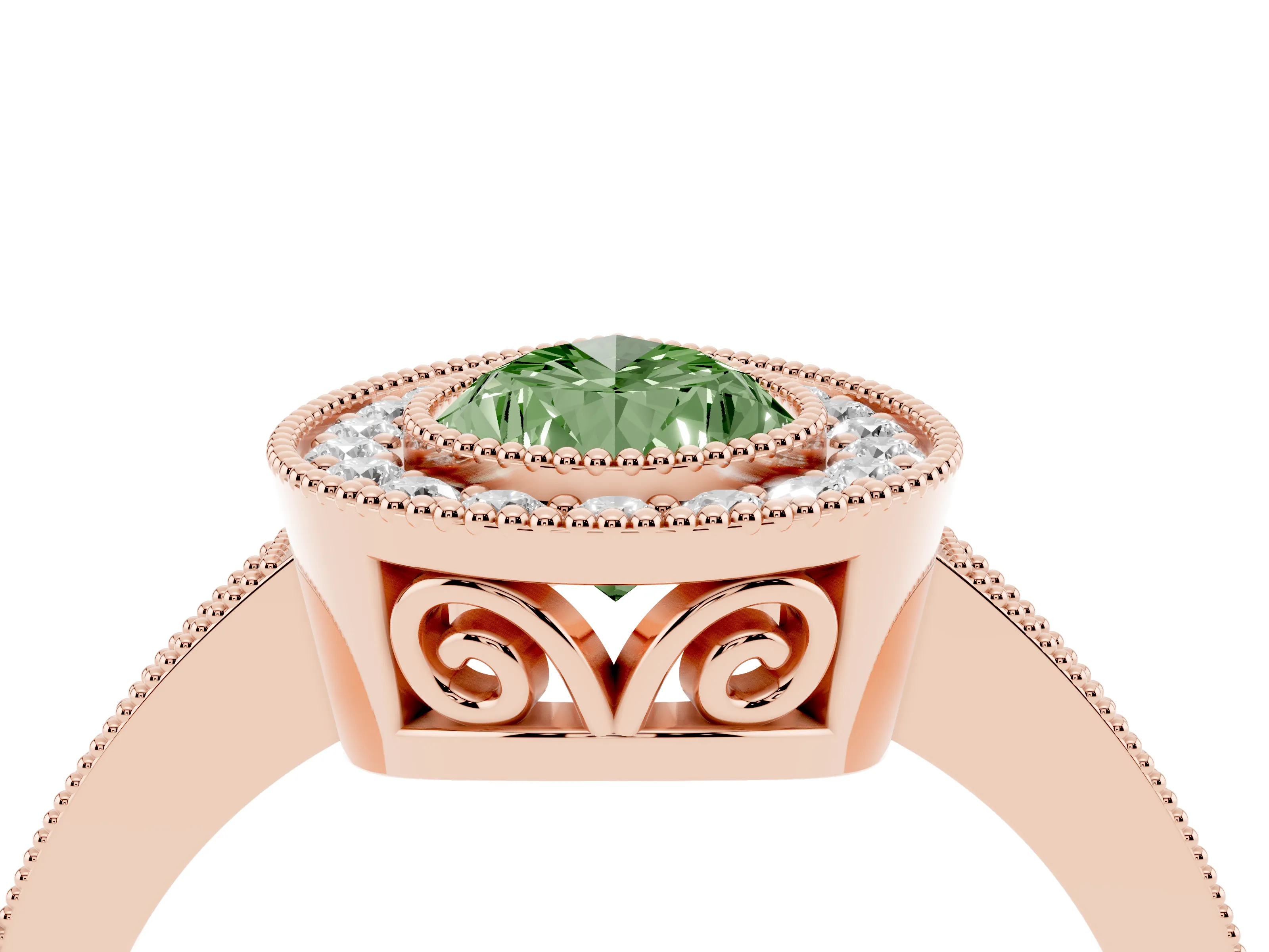 Fancy Green Pear Cut Diamond Halo Ring Set in Rose gold with Pavé Band and Milgrain-Edged Prongs