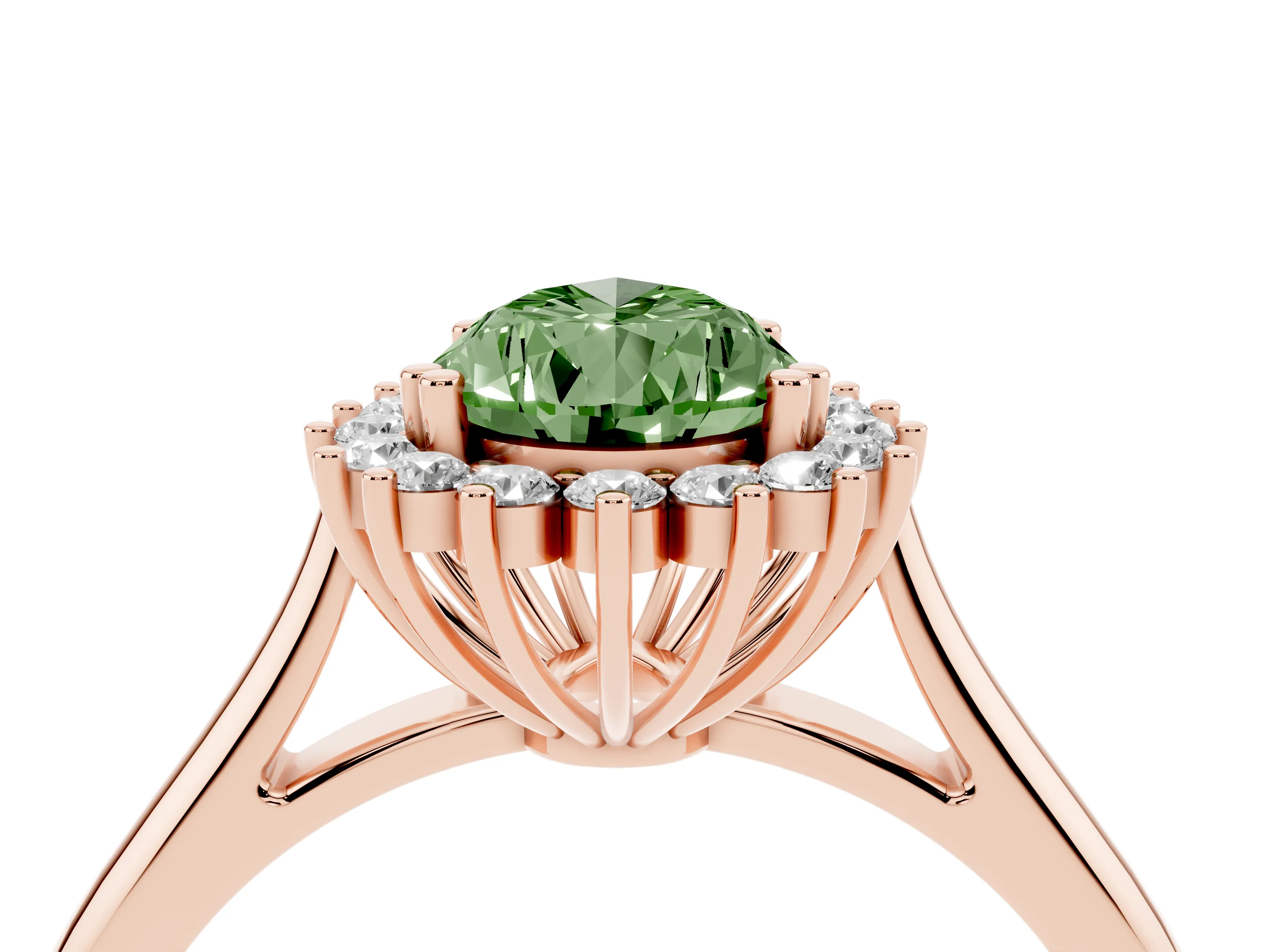 Fancy Green Pear Cut Diamond Halo Ring Set in Rose gold with Plain Solitaire Band and Prong Setting