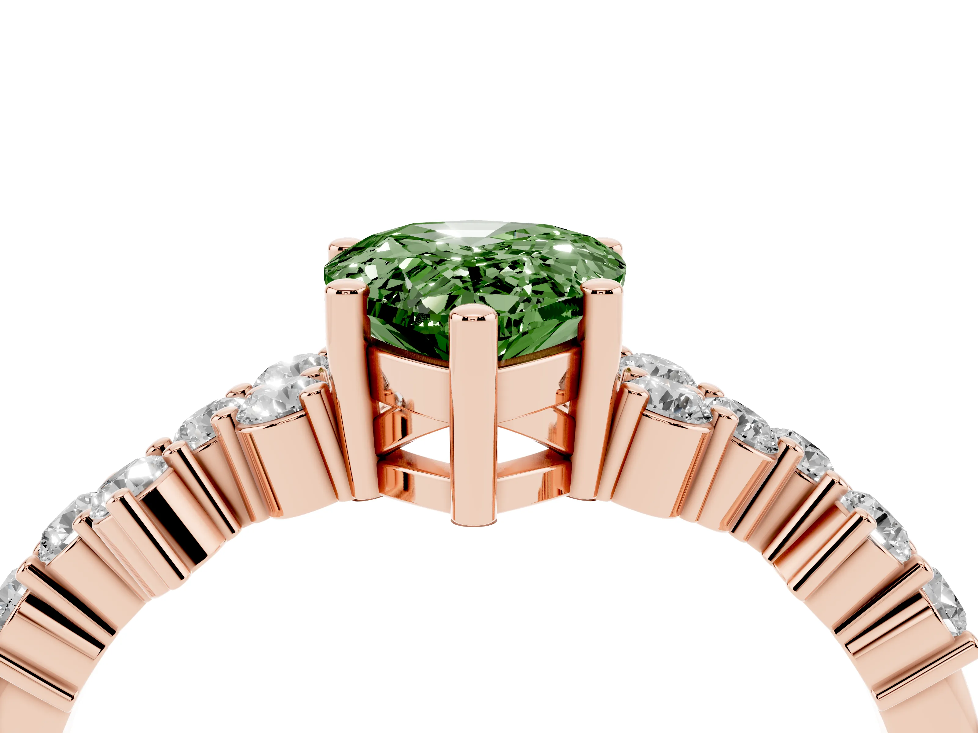Fancy Green Pear Cut Diamond Ring Set in Rose gold with Scattered Round Accents