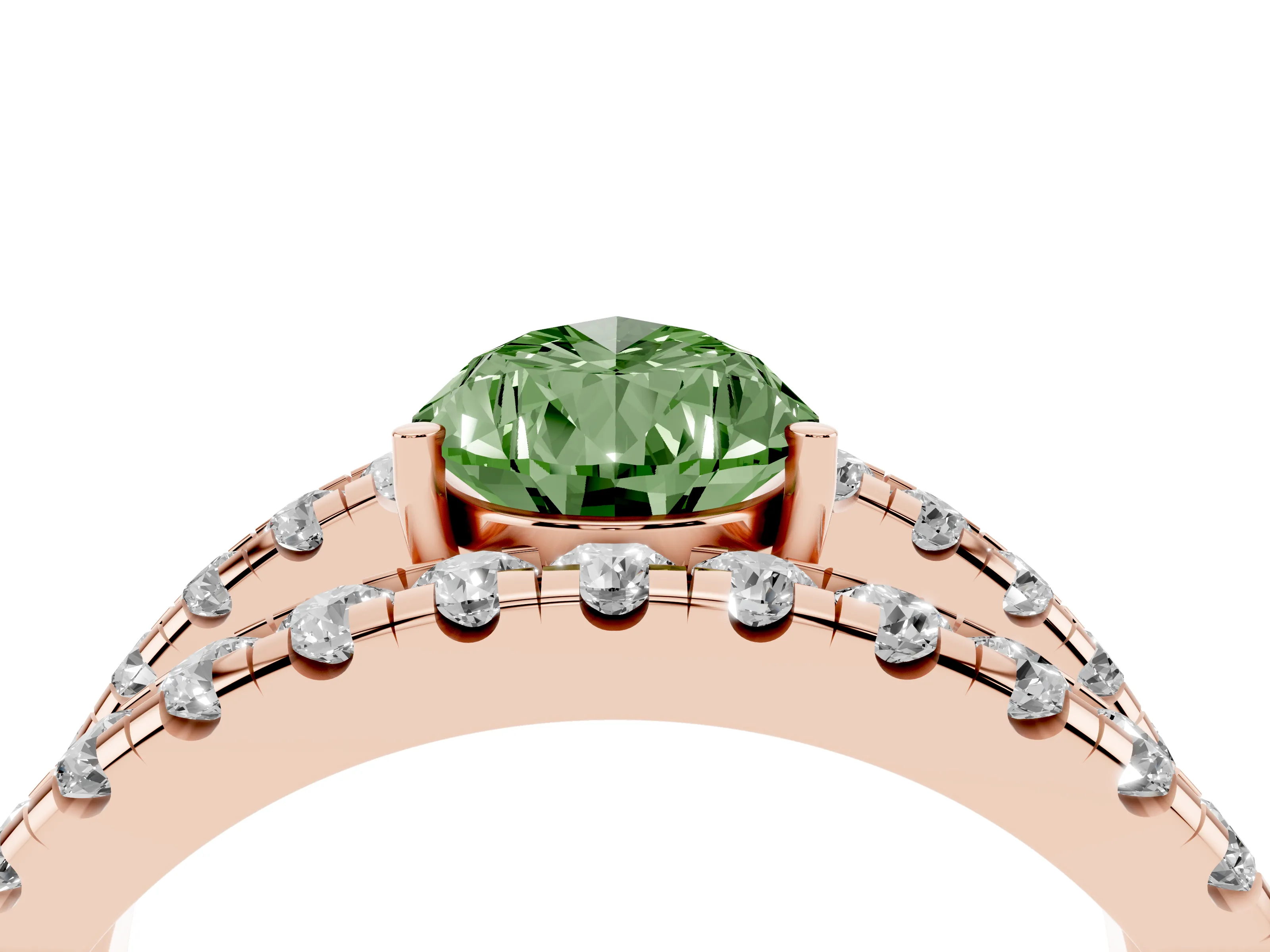 Fancy Green Pear Cut Diamond Split Shank Pavé Solitaire Ring Set in Rose gold with Open Shank Design