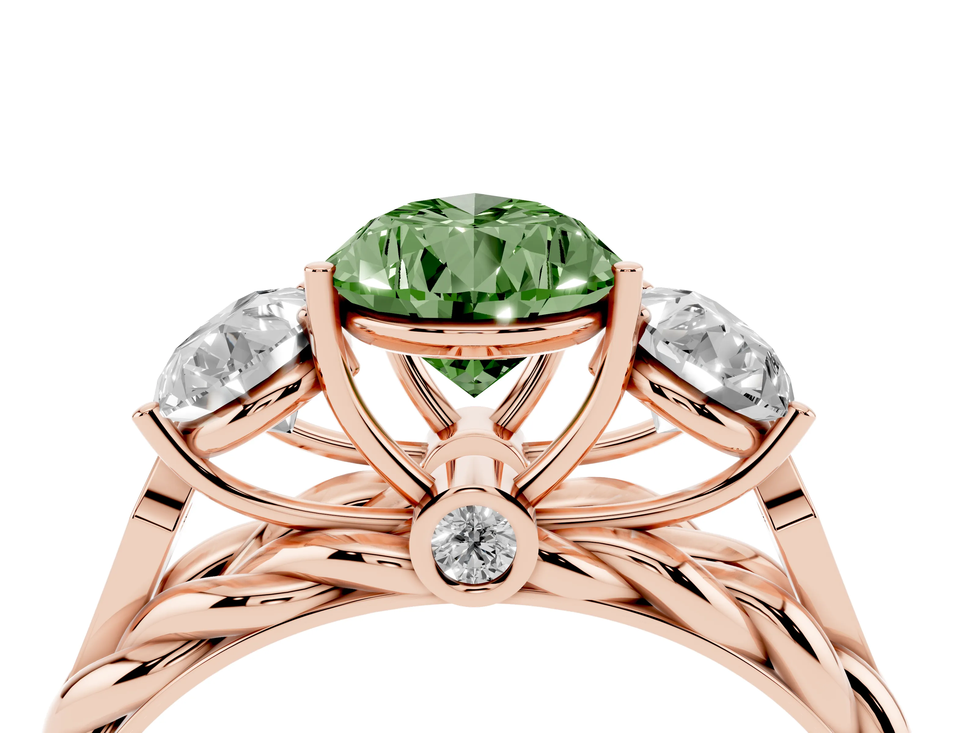 Fancy Green Pear Cut Diamond Three-Stone Ring Set in Rose gold with Braided Band