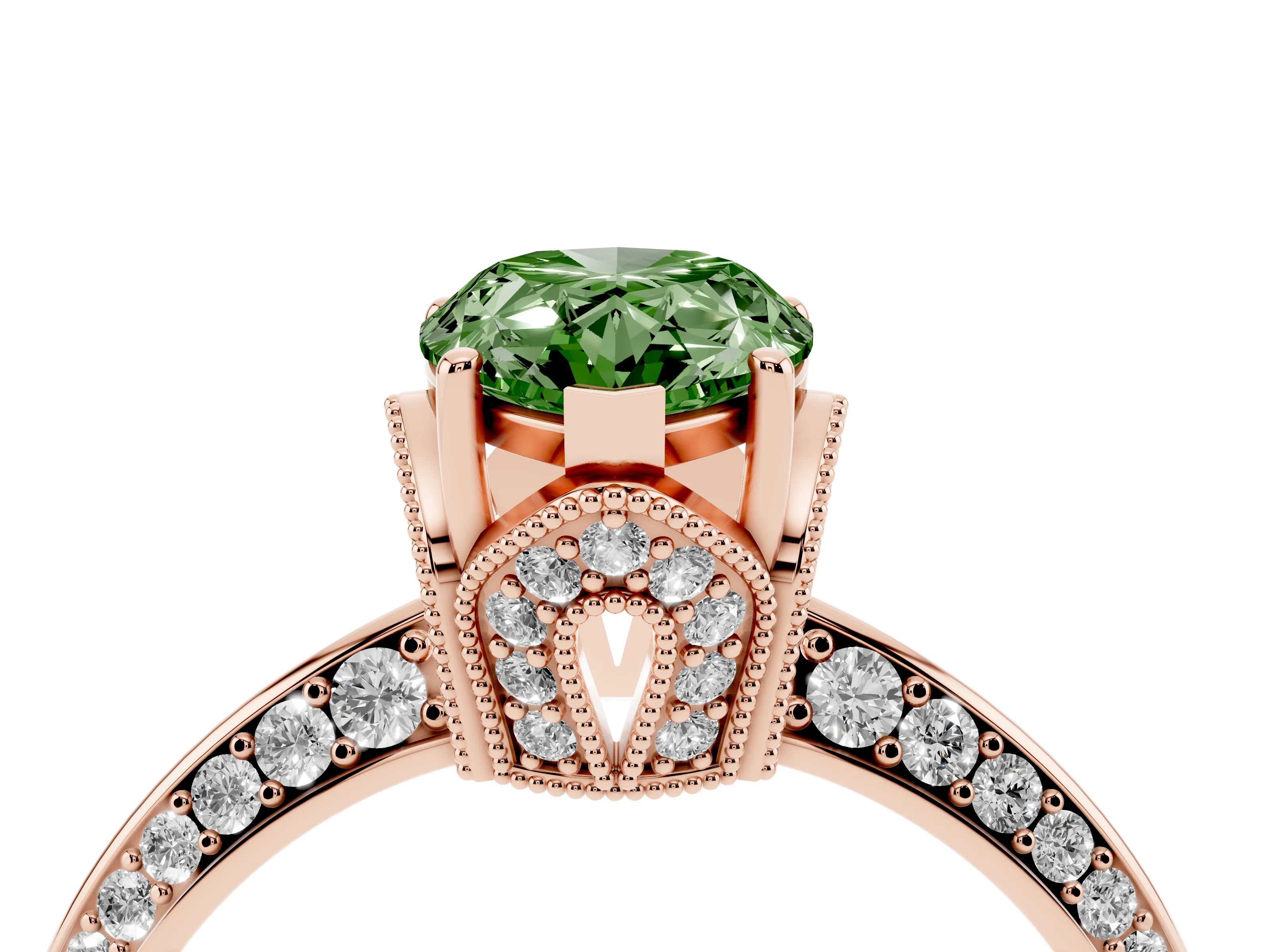 Fancy Green Pear Cut Diamond Solitaire Engagement Ring Set in Rose gold with Pavé Split Shank and Prong Setting