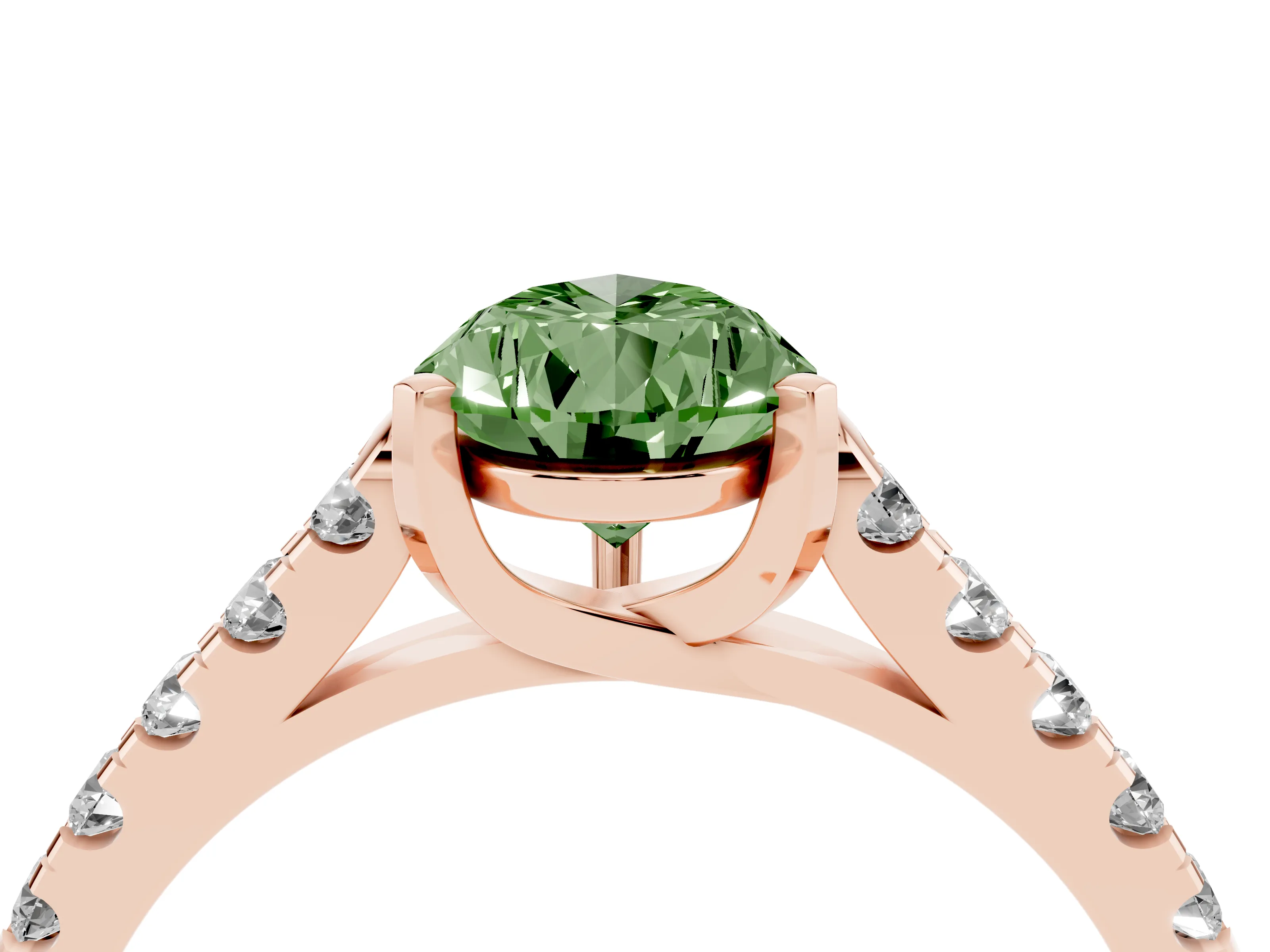 Fancy Green Pear Cut Diamond Pavé Band Solitaire Ring Set in Rose gold with Partway Accent Stones and Prong Setting