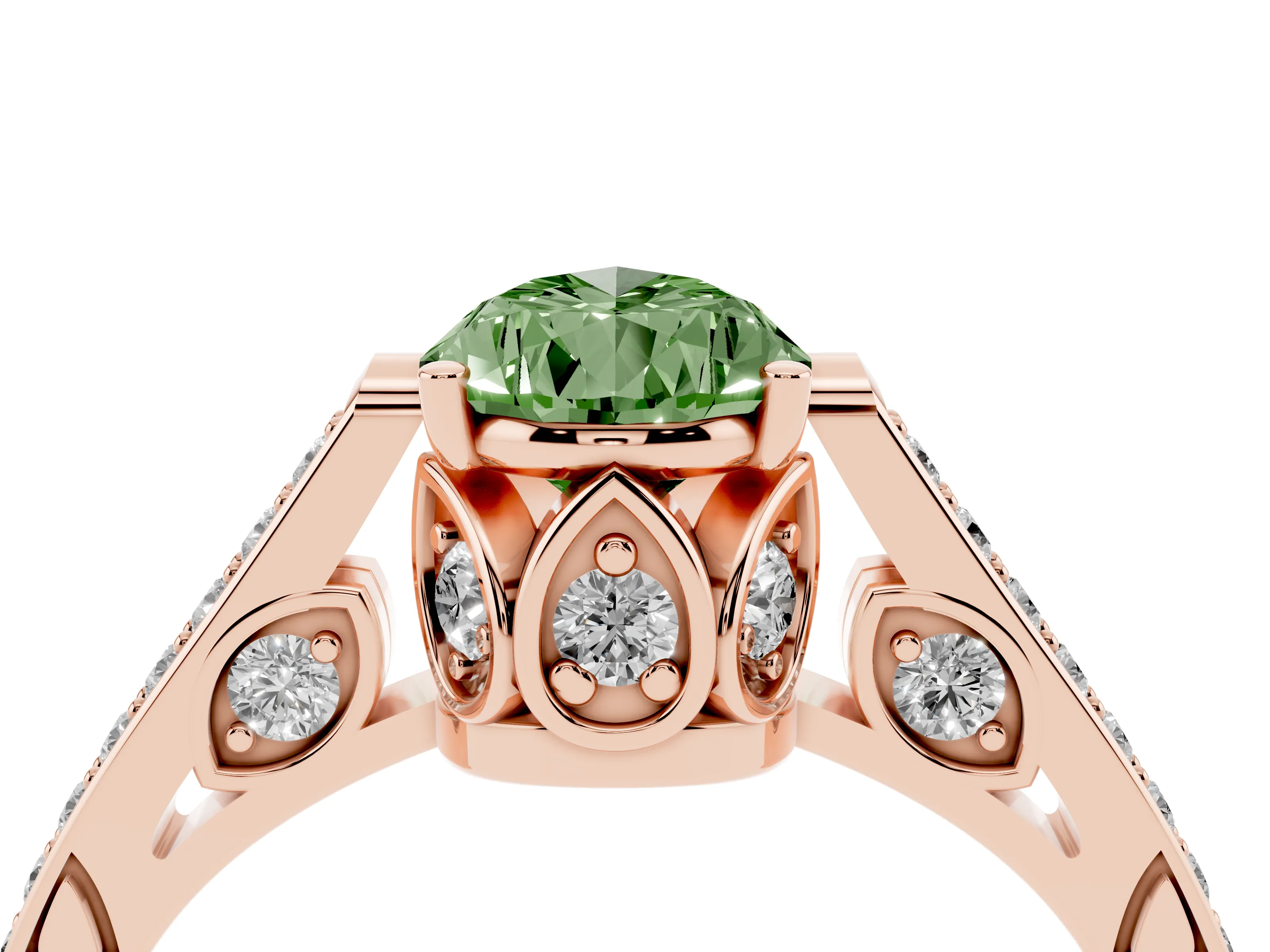 Fancy Green Pear Cut Diamond Cathedral Pavé Engagement Ring Set in Rose gold with Prong Setting