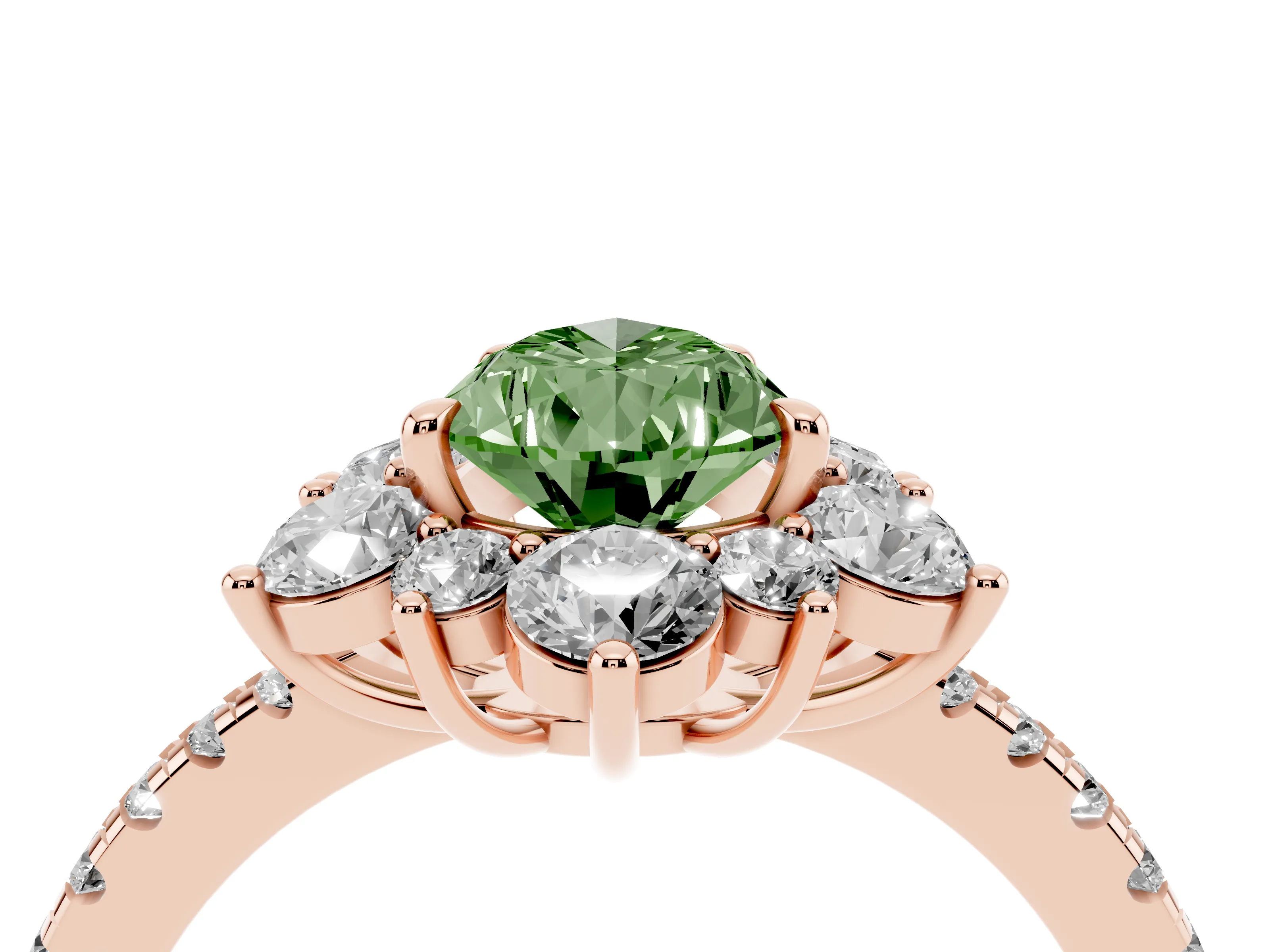 Fancy Green Pear Cut Diamond Floral Halo Ring Set in Rose gold with Round Pavé Band and Prong Setting