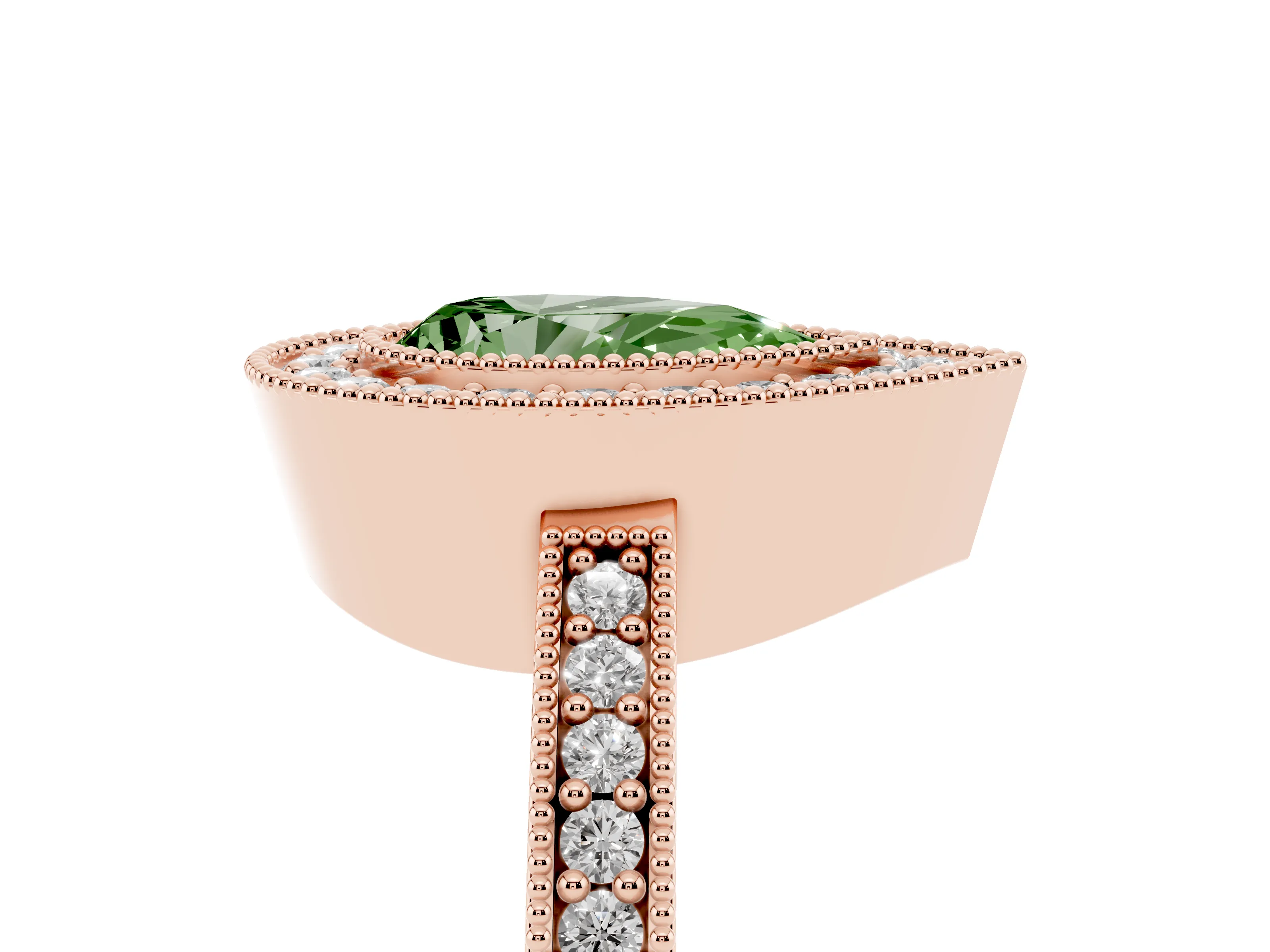 Fancy Green Pear Cut Diamond Halo Engagement Ring Set in Rose gold with Pavé Band and Round Halo Stones