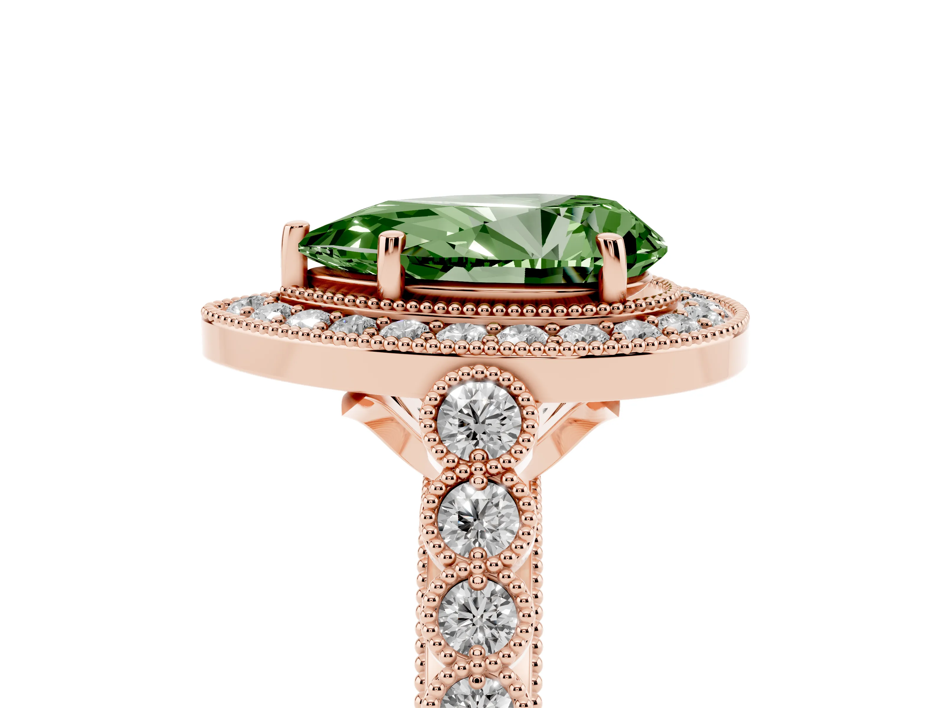 Fancy Green Pear Cut Diamond Milgrain Halo Solitaire Ring Set in Rose gold with Bezel Set Side Stones and Pavé Band