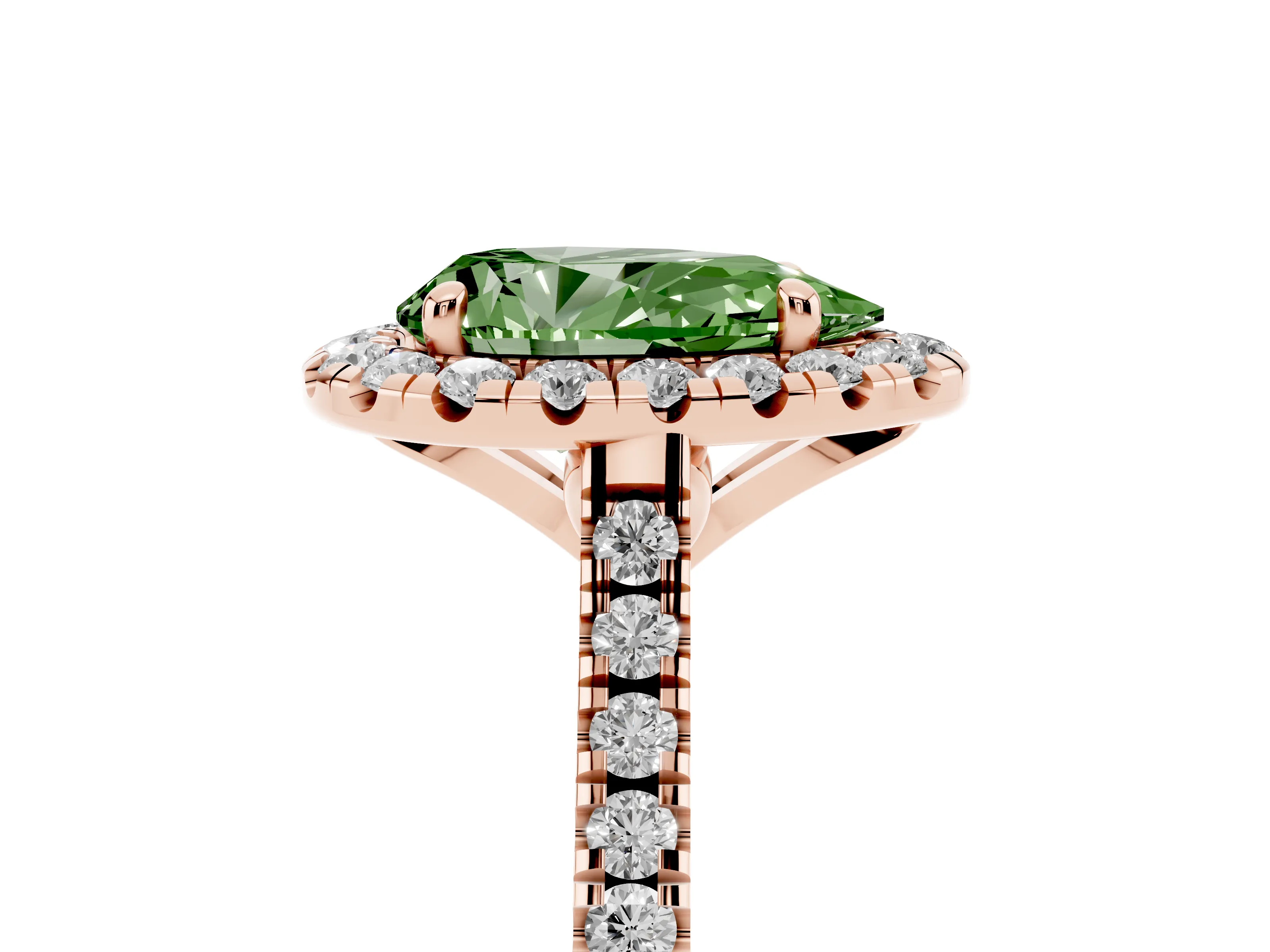 Fancy Green Pear Cut Diamond Cushion Halo Ring Set in Rose gold with Pavé Band