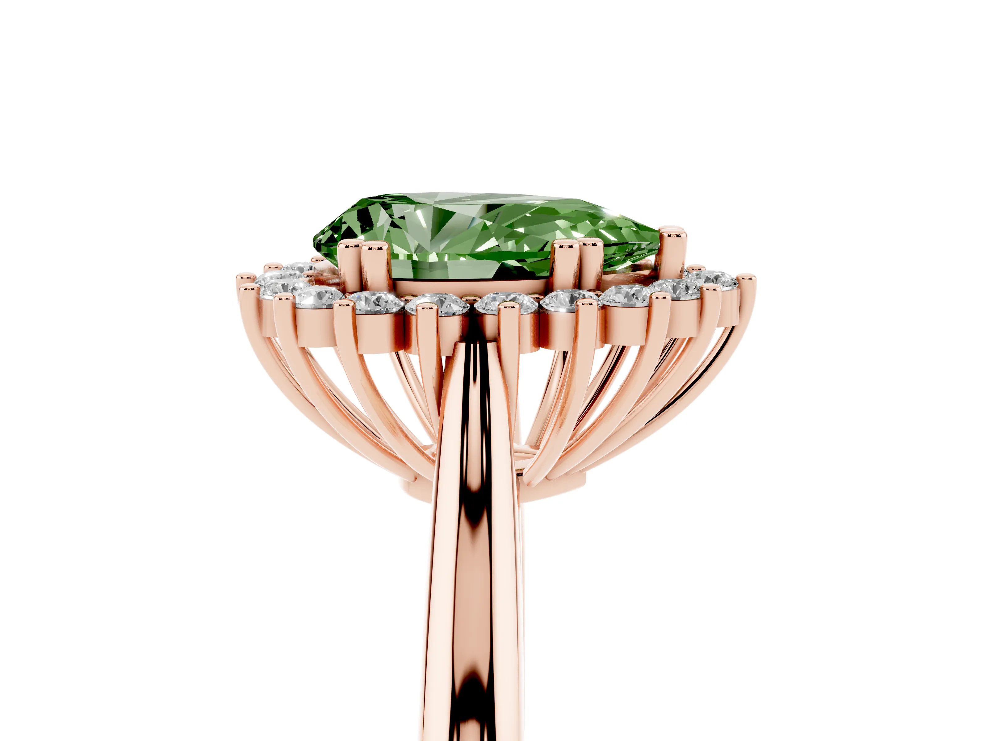 Fancy Green Pear Cut Diamond Halo Ring Set in Rose gold with Plain Solitaire Band and Prong Setting