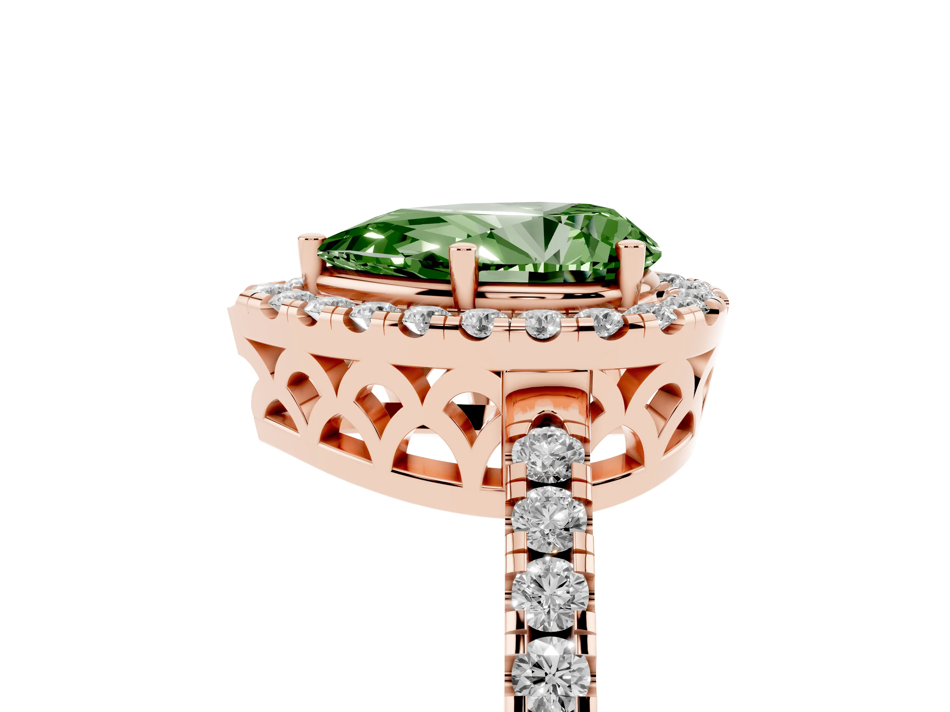 Fancy Green Pear Cut Diamond Pavé Band Halo Engagement Ring Set in Rose gold with Prong Setting