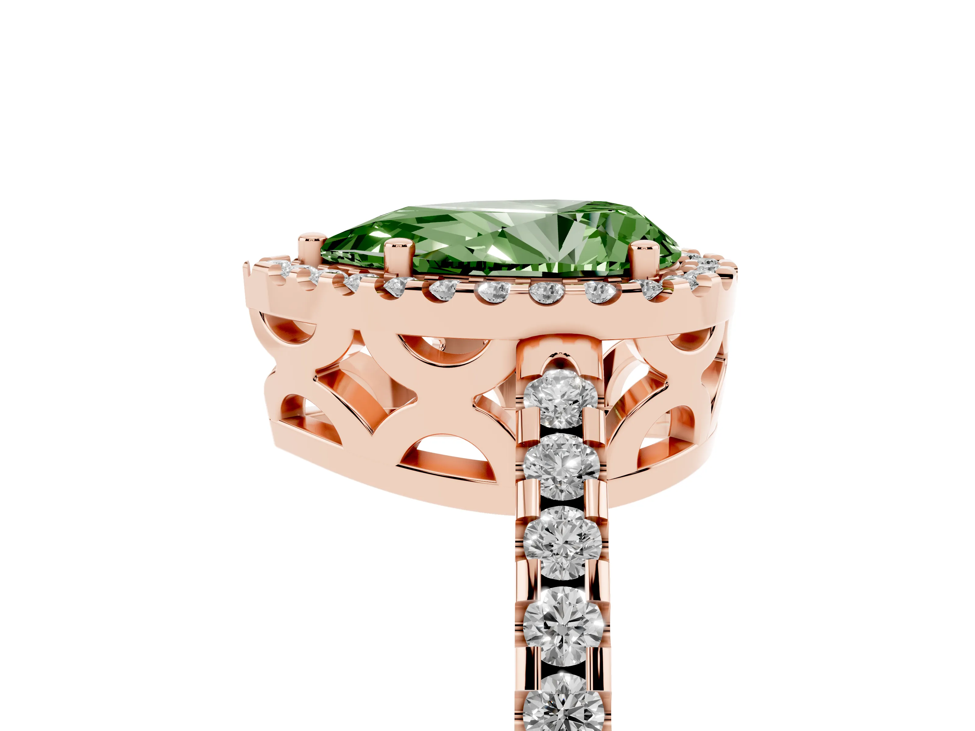Fancy Green Pear Cut Diamond Halo Ring Set in Rose gold with Pavé Shoulders and Halo-Framed Center