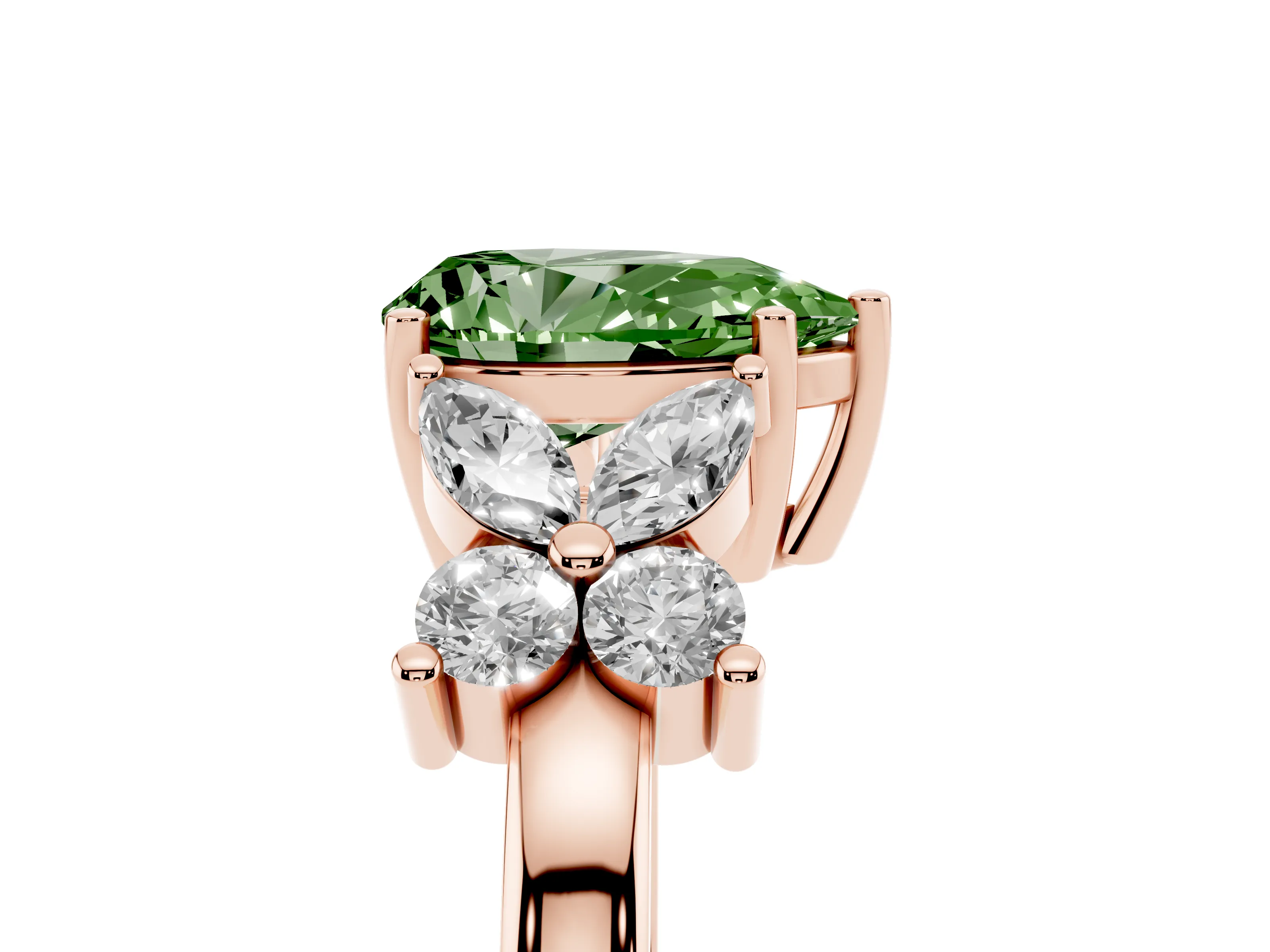 Fancy Green Pear Cut Diamond Floral Cluster Ring Set in Rose gold with Marquise Petals and Prong Setting