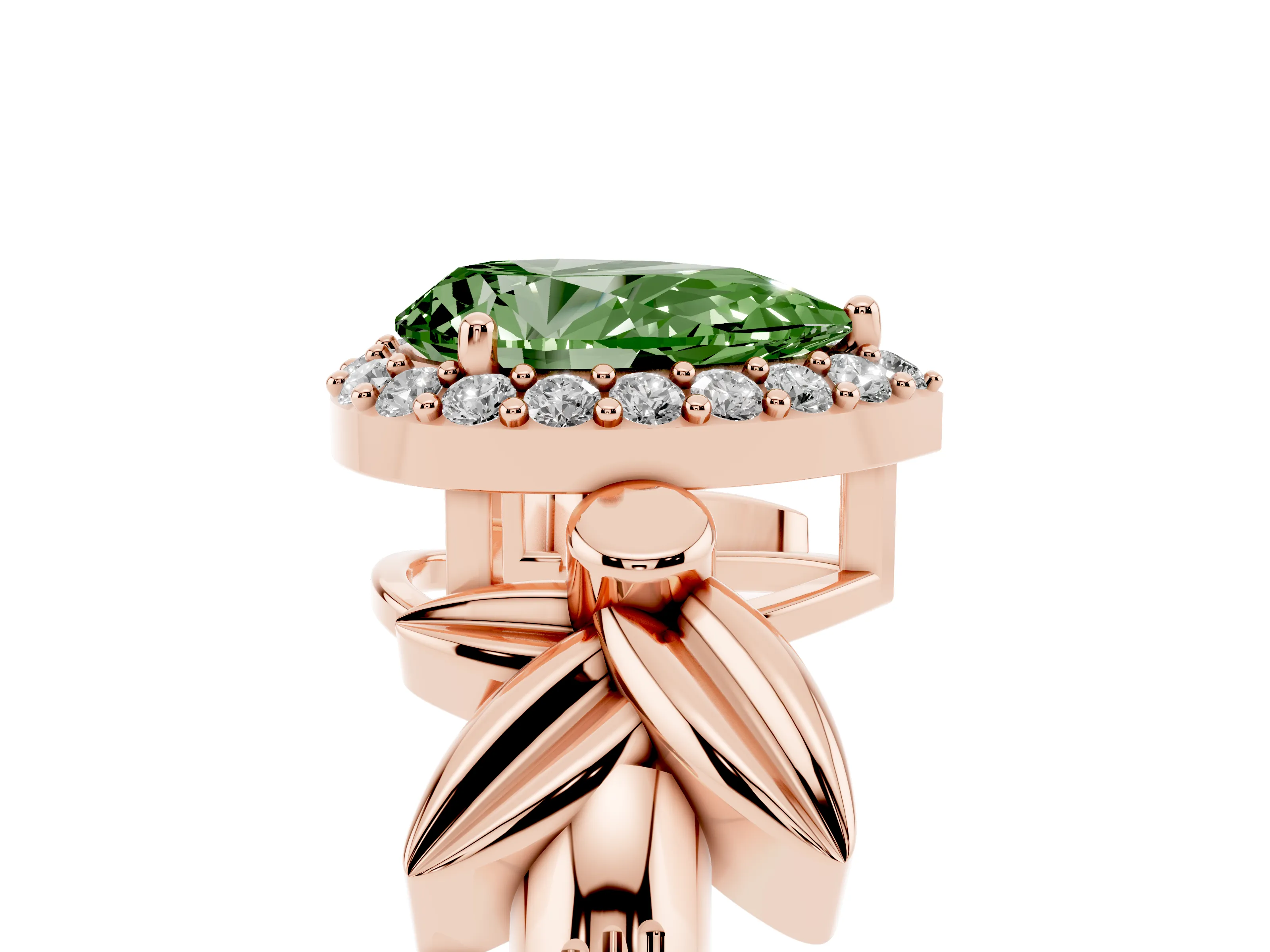 Fancy Green Pear Cut Diamond Halo Floral Band Ring Set in Rose gold with Prong Setting
